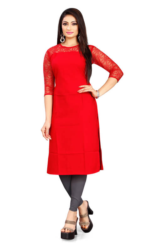 Mithusa Pack of 1 Crepe Solid Straight Women's Kurti - ( Red )     			Mithusa Pack of 1 Crepe Solid Straight Women's Kurti - ( Red )