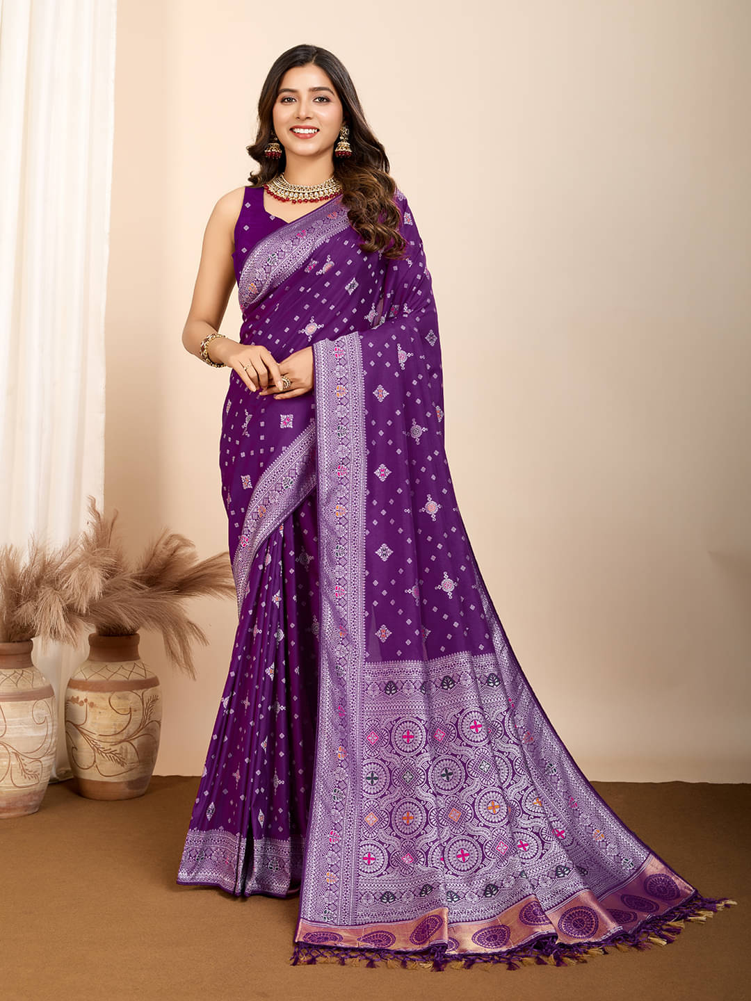     			Nayanthara Trends Silk Printed Saree With Unstitched Blouse Piece ( Purple )