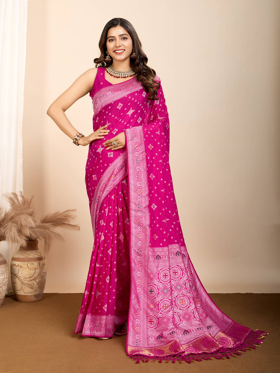 Nayanthara Trends Silk Printed Saree With Unstitched Blouse Piece ( Pink )     			Nayanthara Trends Silk Printed Saree With Unstitched Blouse Piece ( Pink )