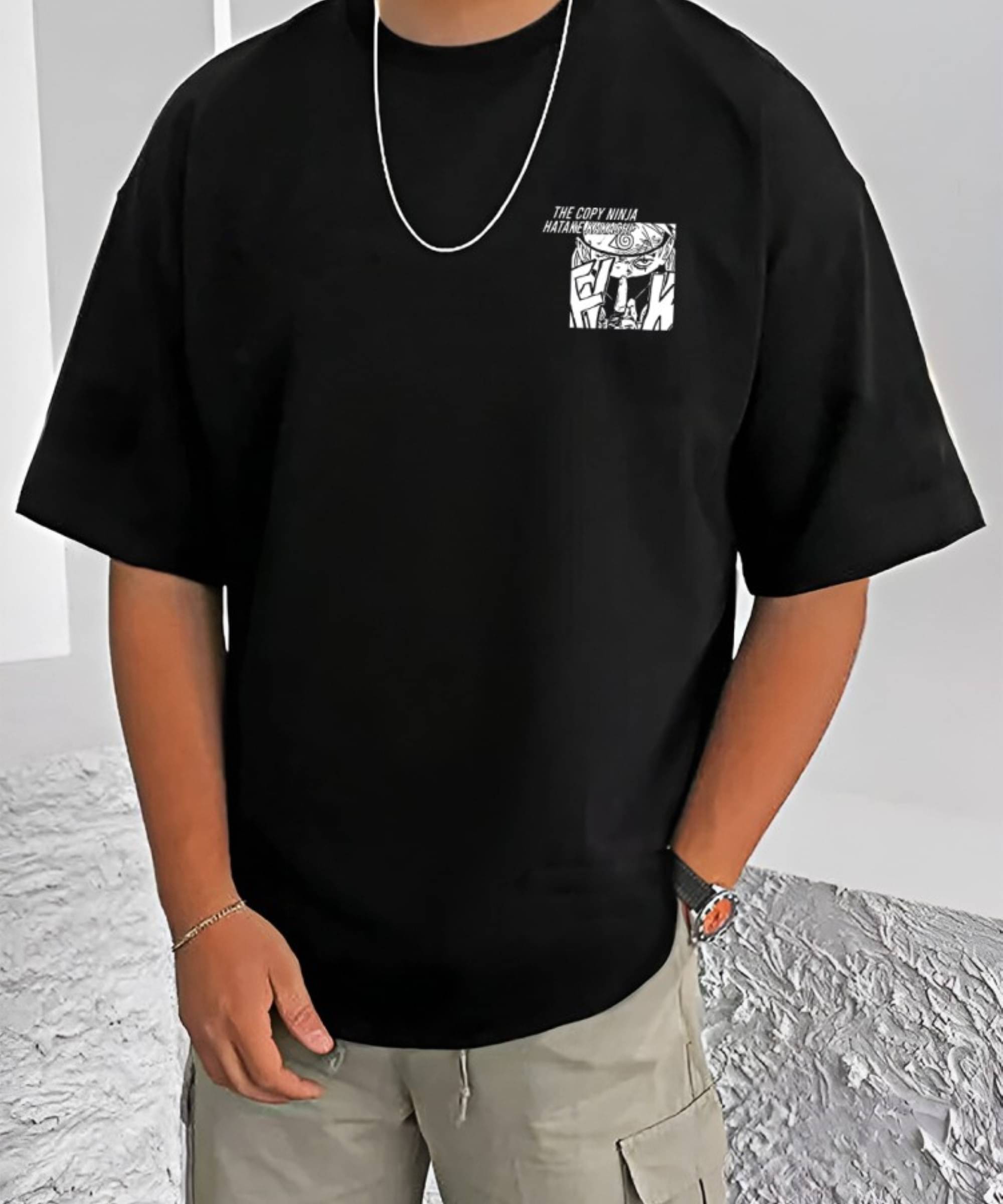     			RF RAVES Cotton Blend Oversized Fit Printed Half Sleeves Men's Round T-Shirt - Black ( Pack of 1 )