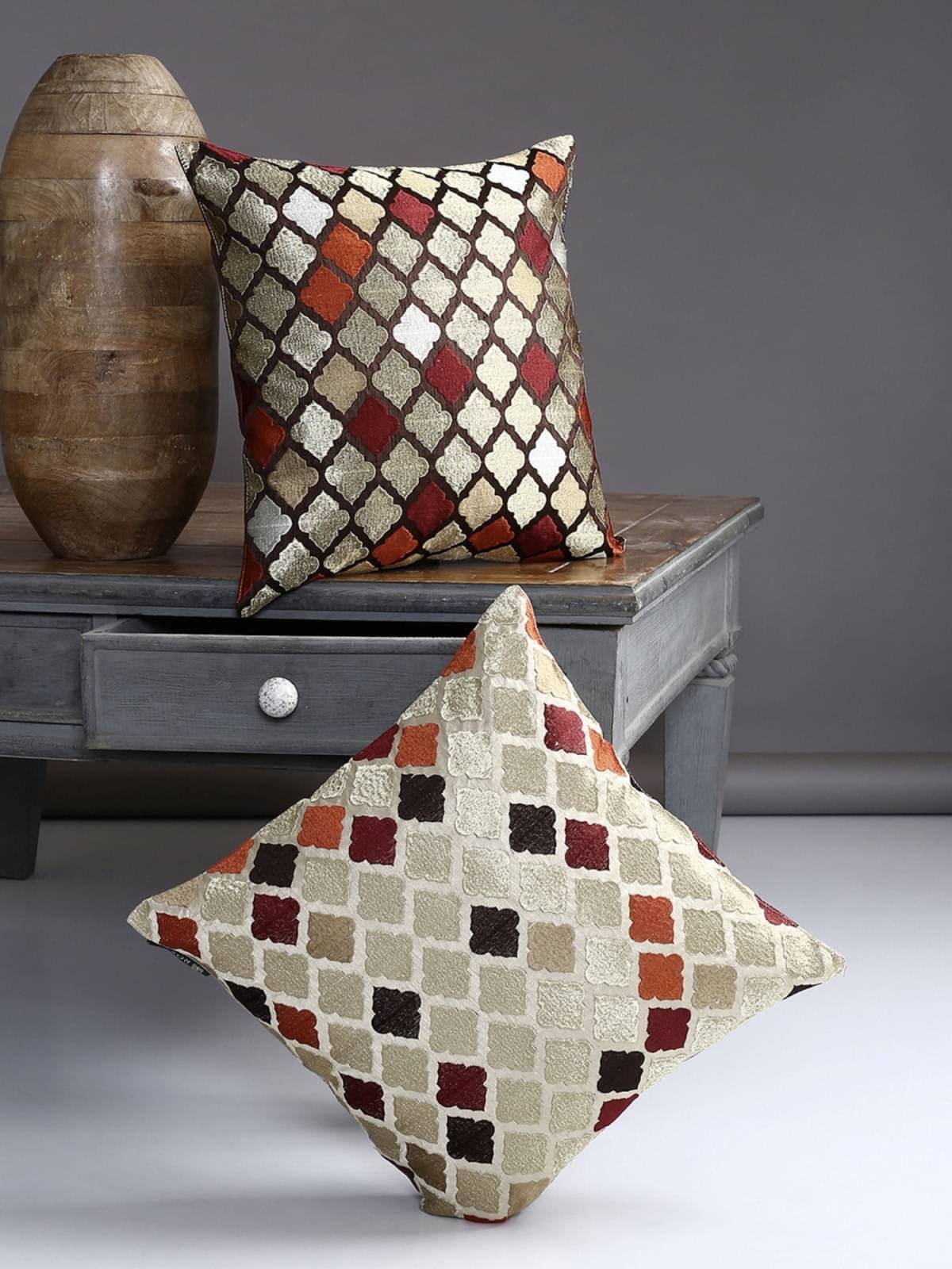     			Romee Set of 2 Polyester Geometric Square Cushion Cover (40X40)cm - Brown