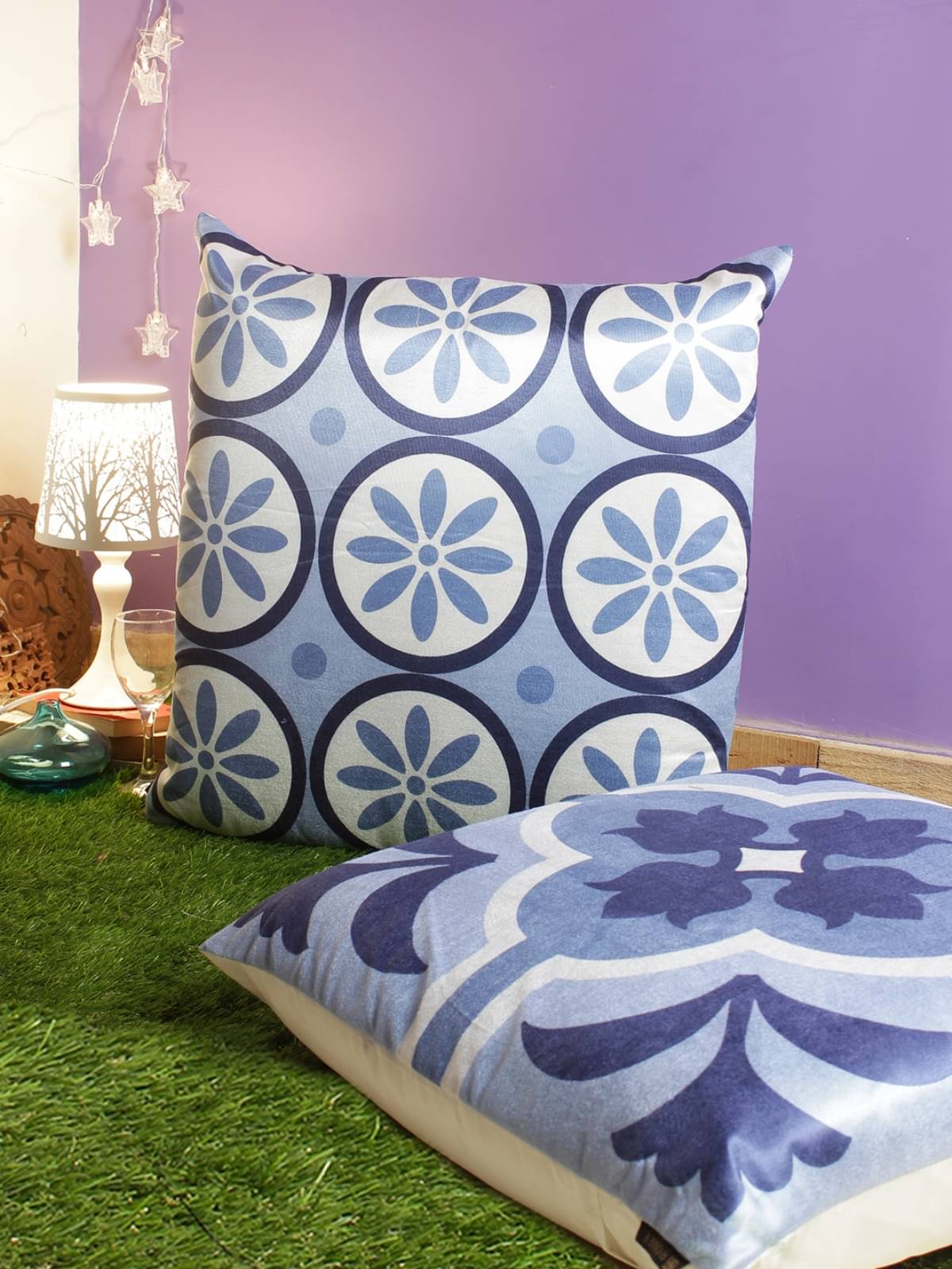     			Romee Set of 2 Velvet Floral Square Cushion Cover (60X60)cm - Blue