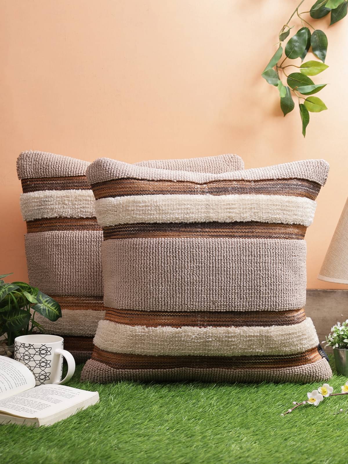 Romee Set of 2 Woollen Vertical Striped Square Cushion Cover (45X45)cm - Brown Romee Set of 2 Woollen Vertical Striped Square Cushion Cover (45X45)cm - Brown