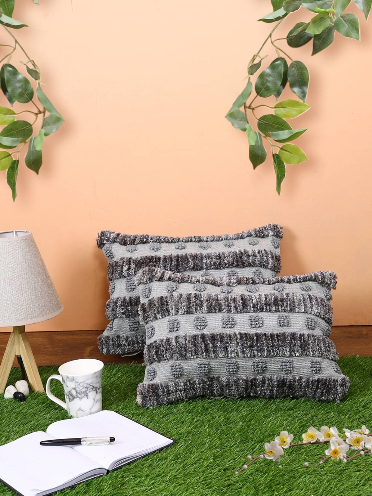     			Romee Set of 2 Woollen Polka Dots Rectangular Cushion Cover (30X45)cm - Gray