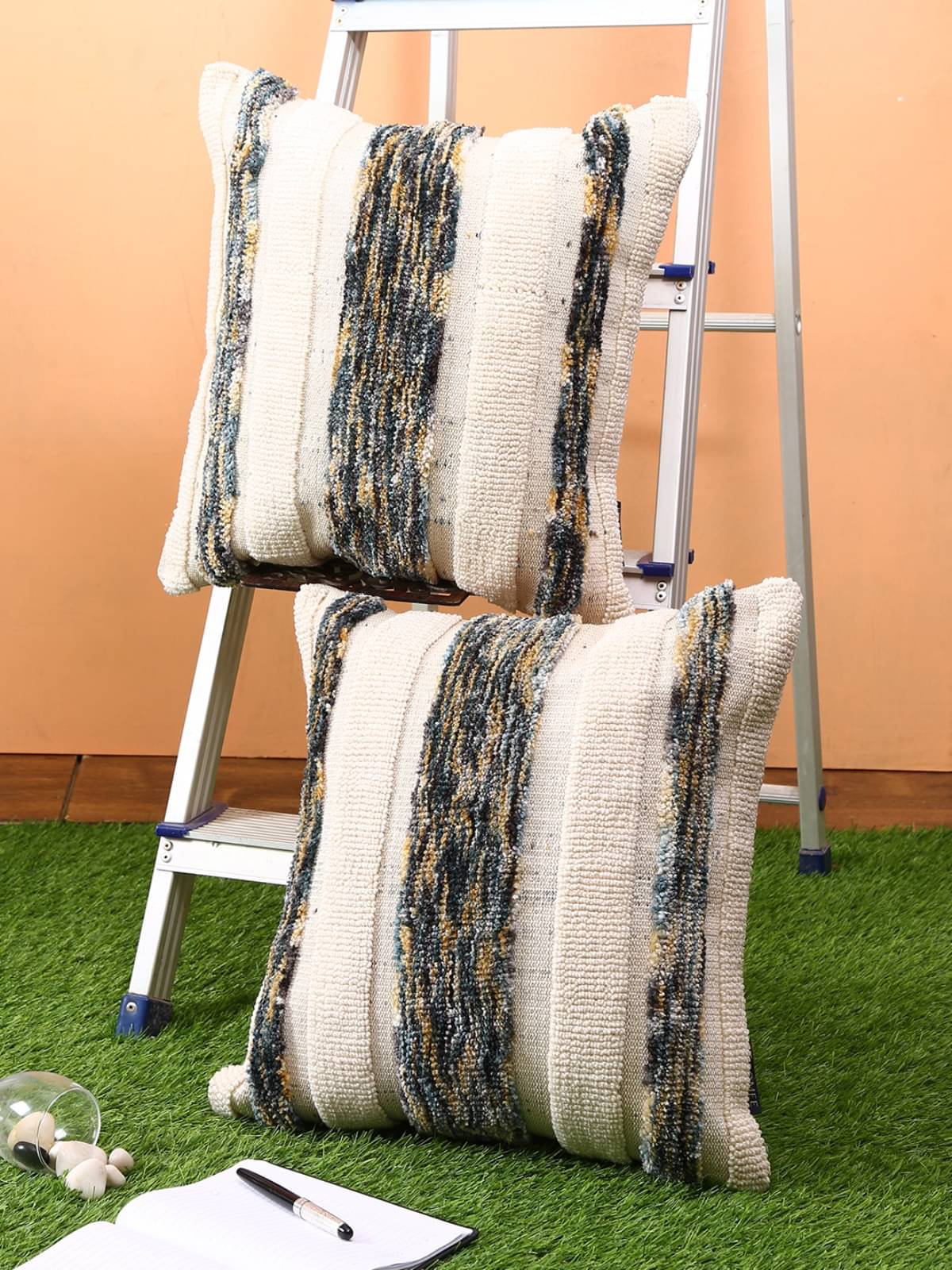     			Romee Set of 2 Woollen Vertical Striped Square Cushion Cover (45X45)cm - Cream