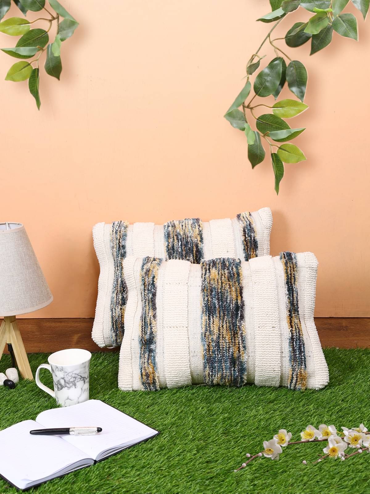     			Romee Set of 2 Woollen Vertical Striped Rectangular Cushion Cover (30X45)cm - Cream