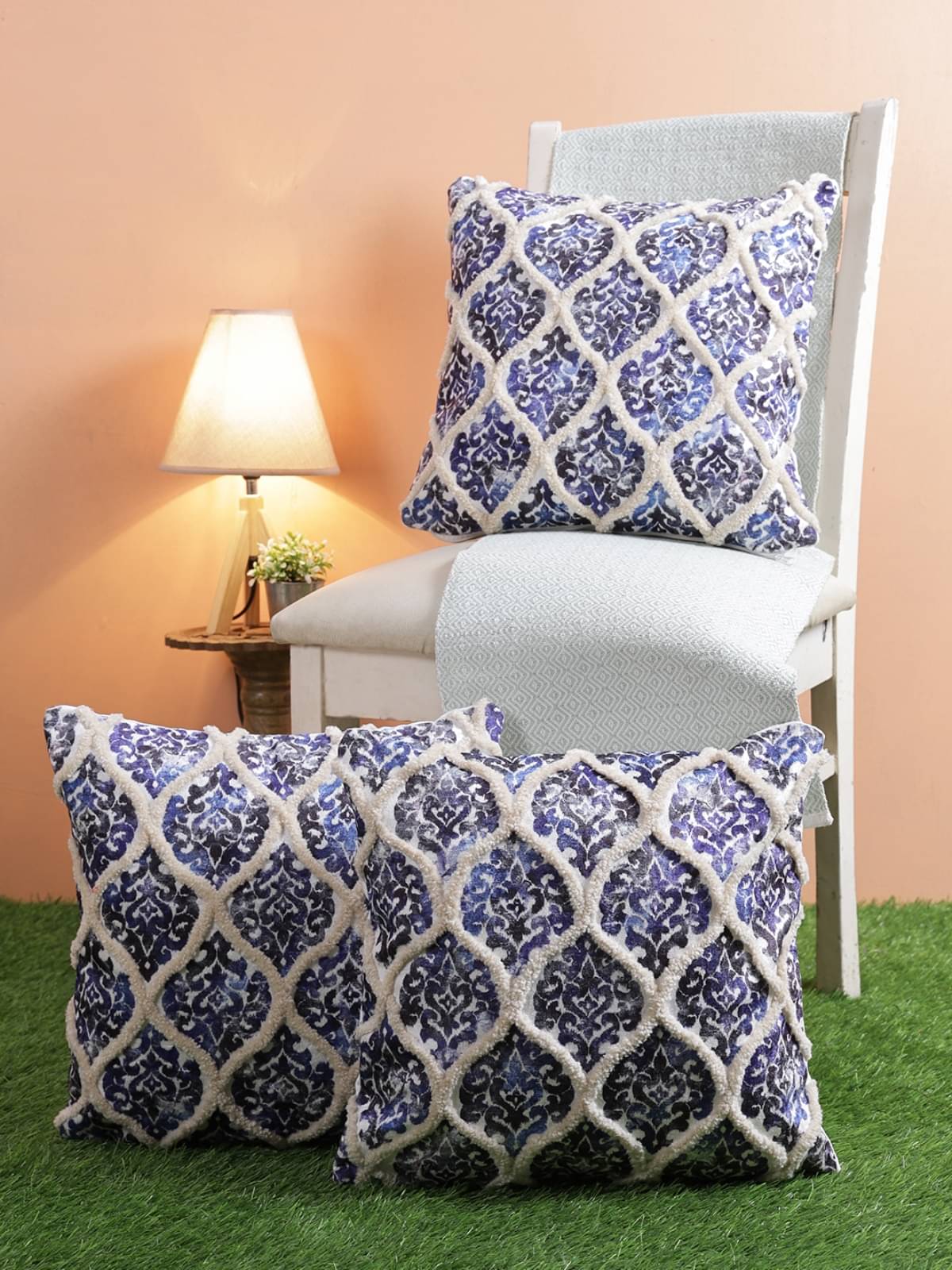     			Romee Set of 3 Polyester Ethnic Square Cushion Cover (40X40)cm - Blue