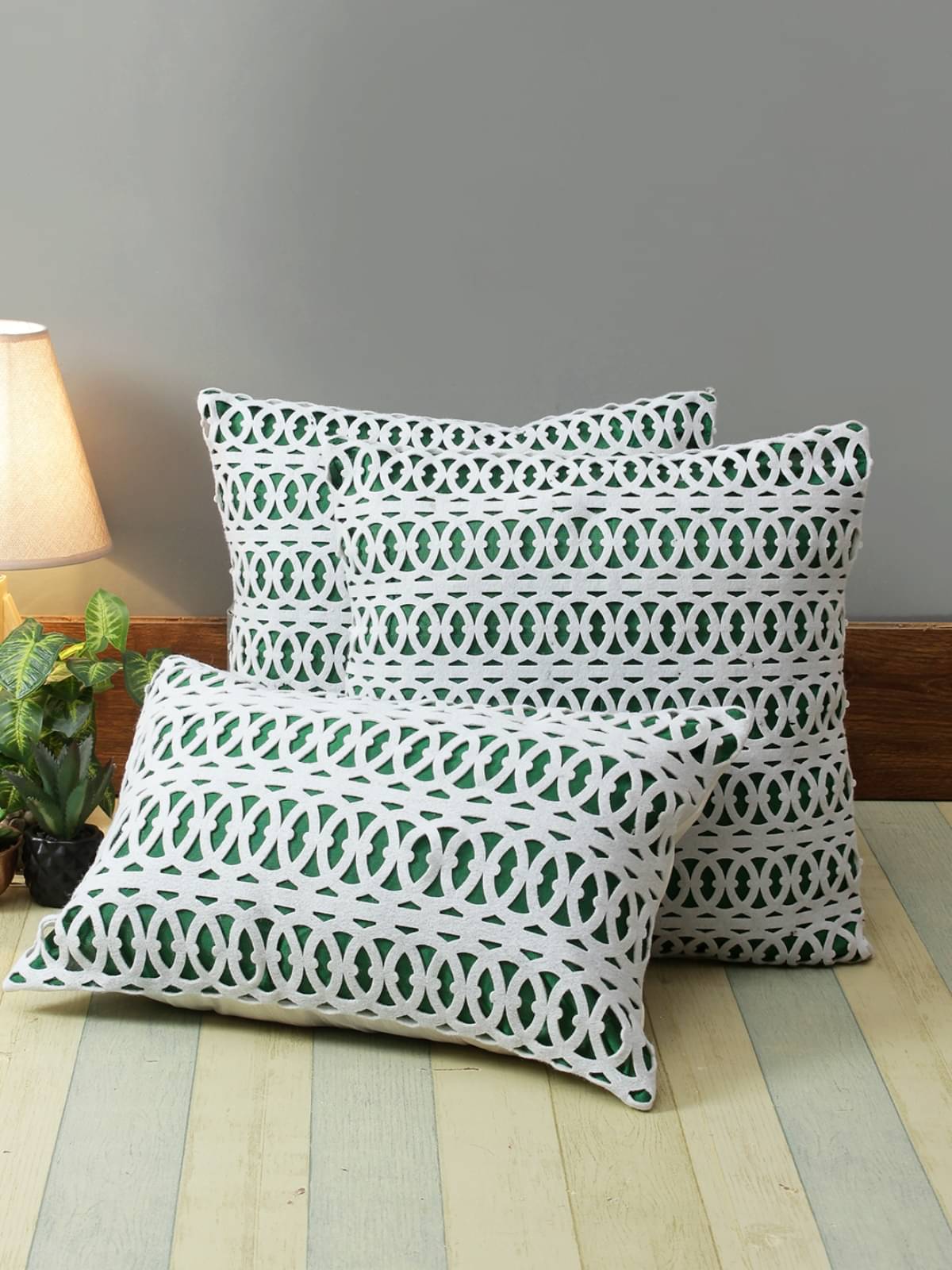     			Romee Set of 3 Polyester Geometric Square Cushion Cover (40X40)cm - Green