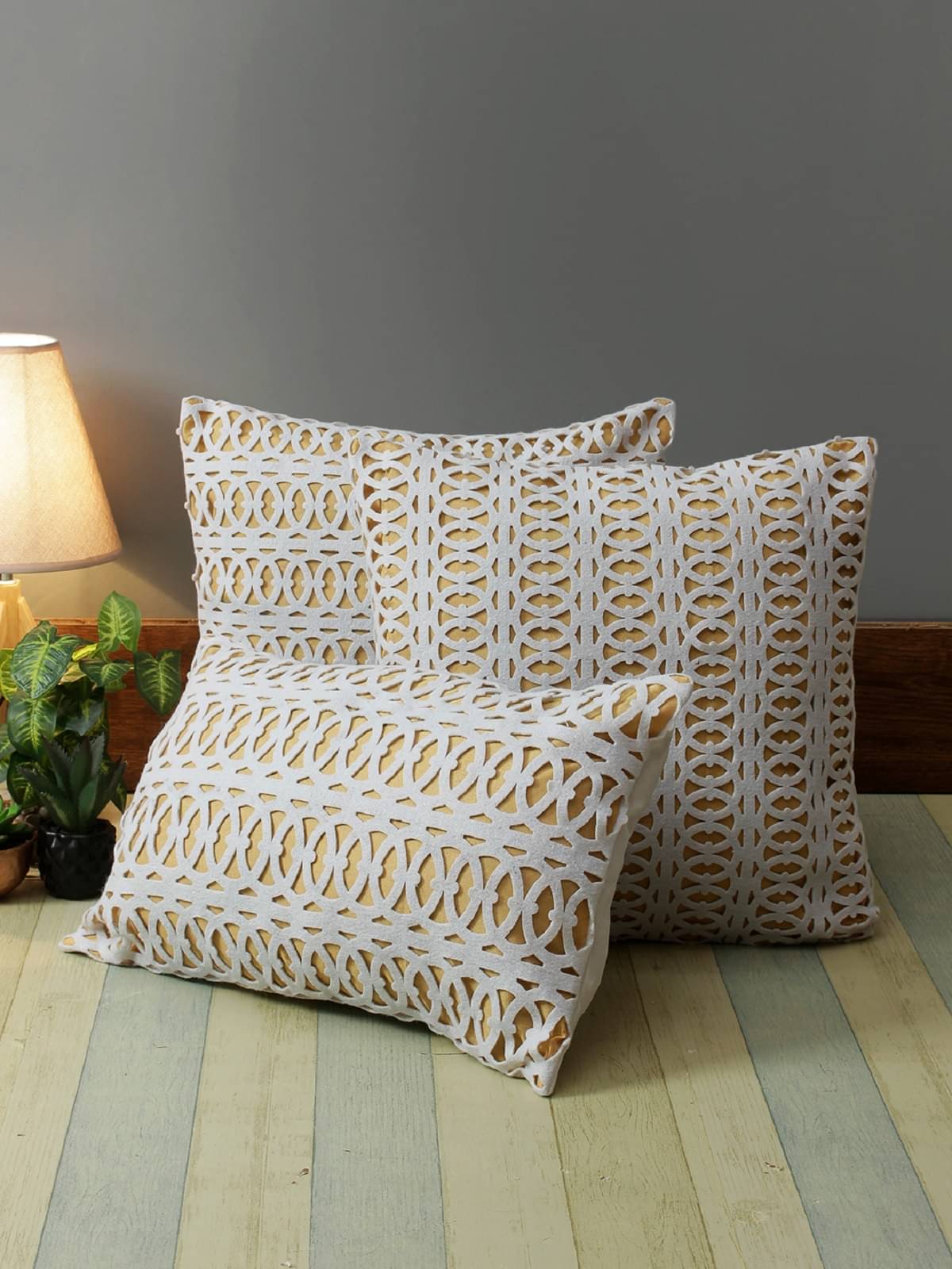     			Romee Set of 3 Polyester Geometric Square Cushion Cover (40X40)cm - Beige