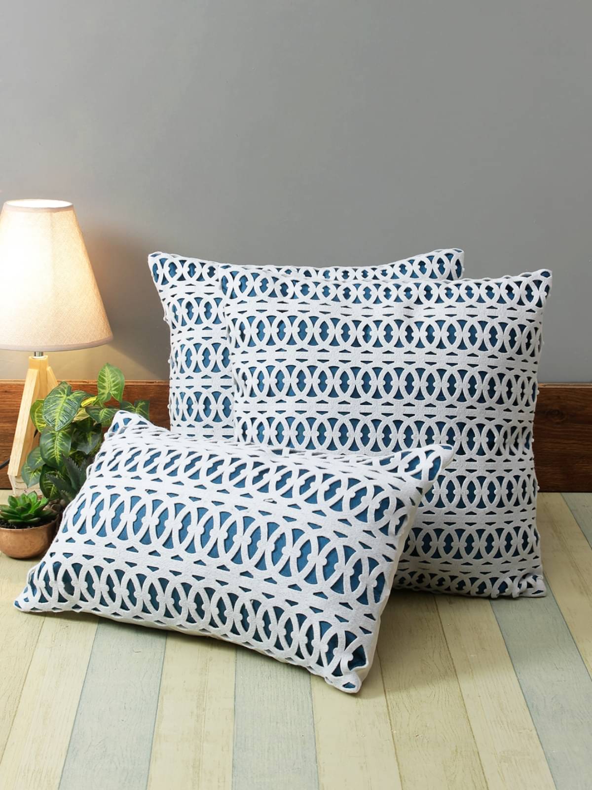     			Romee Set of 3 Polyester Geometric Square Cushion Cover (40X40)cm - Blue