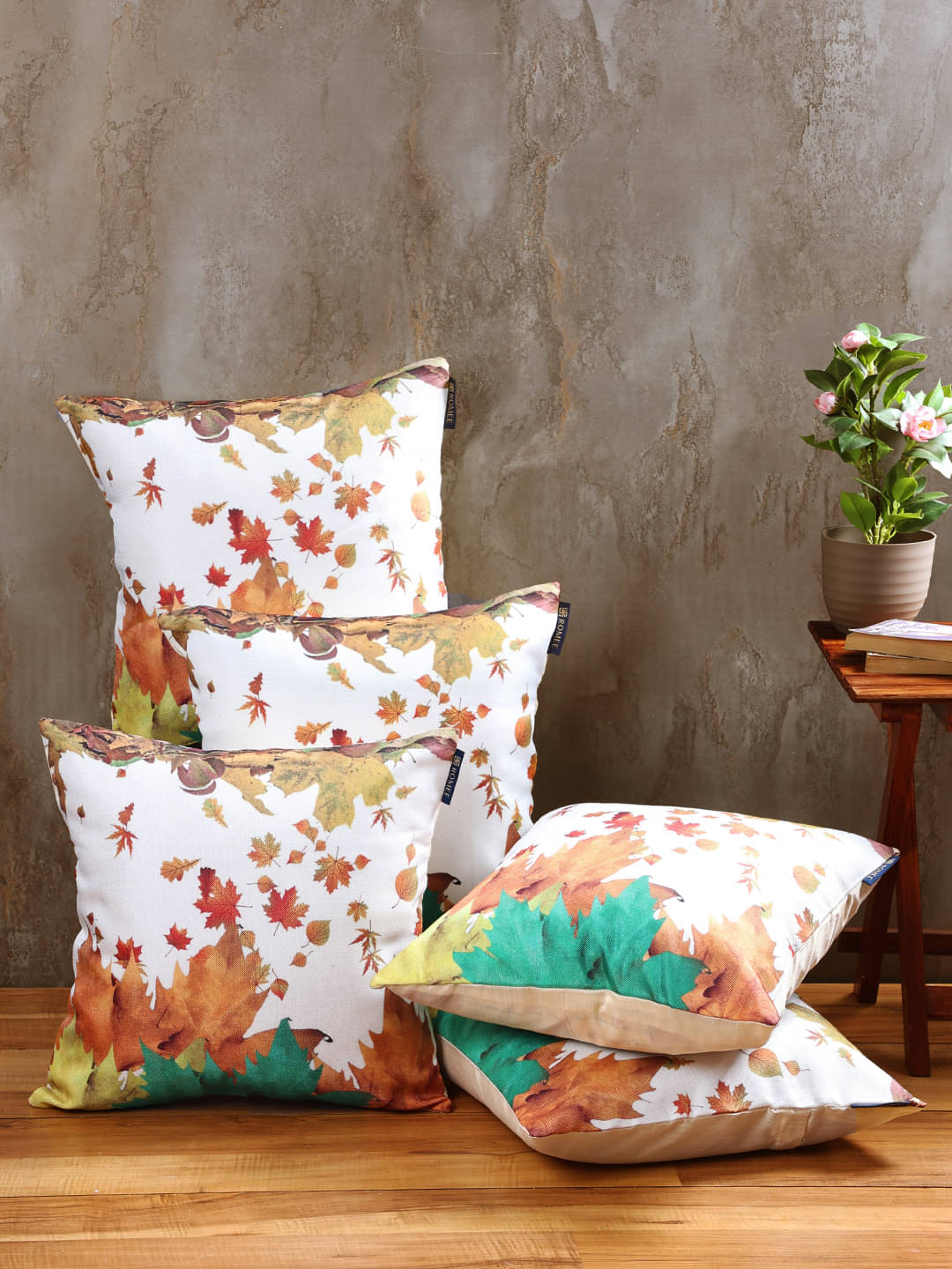     			Romee Set of 5 Jute Floral Square Cushion Cover (40X40)cm - White