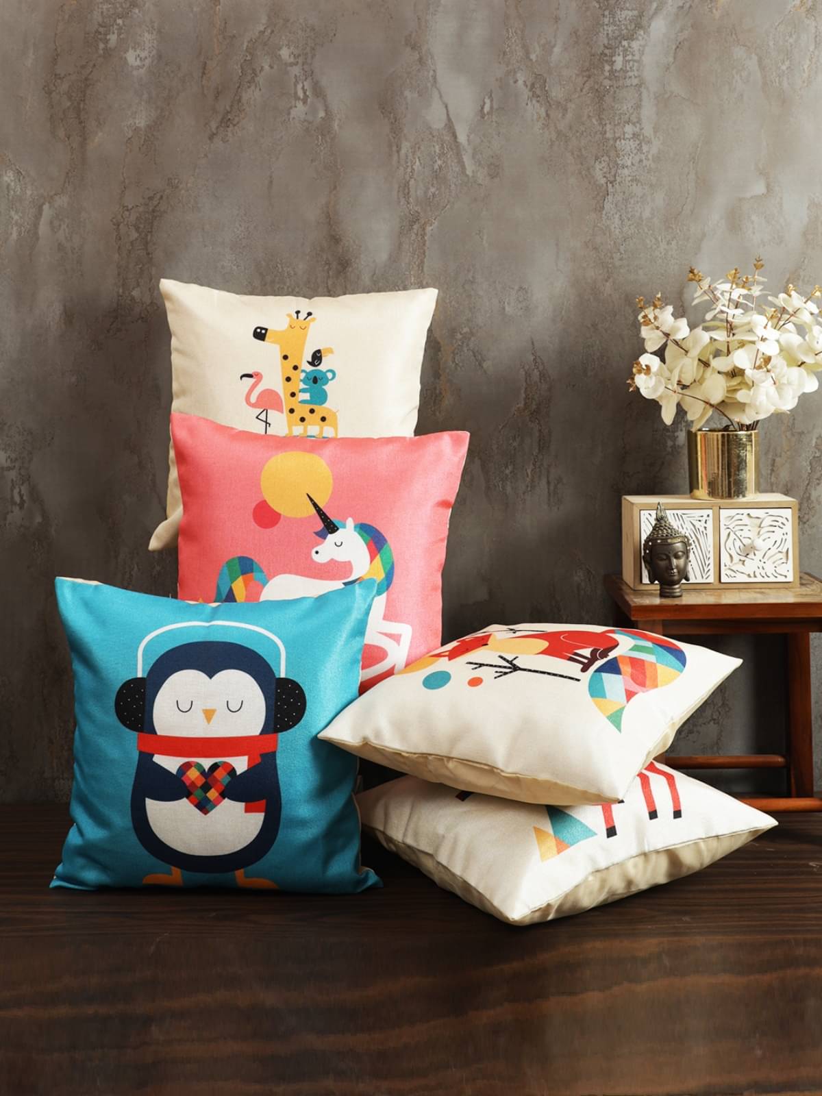    			Romee Set of 5 Jute Animal Square Cushion Cover (40X40)cm - Multi