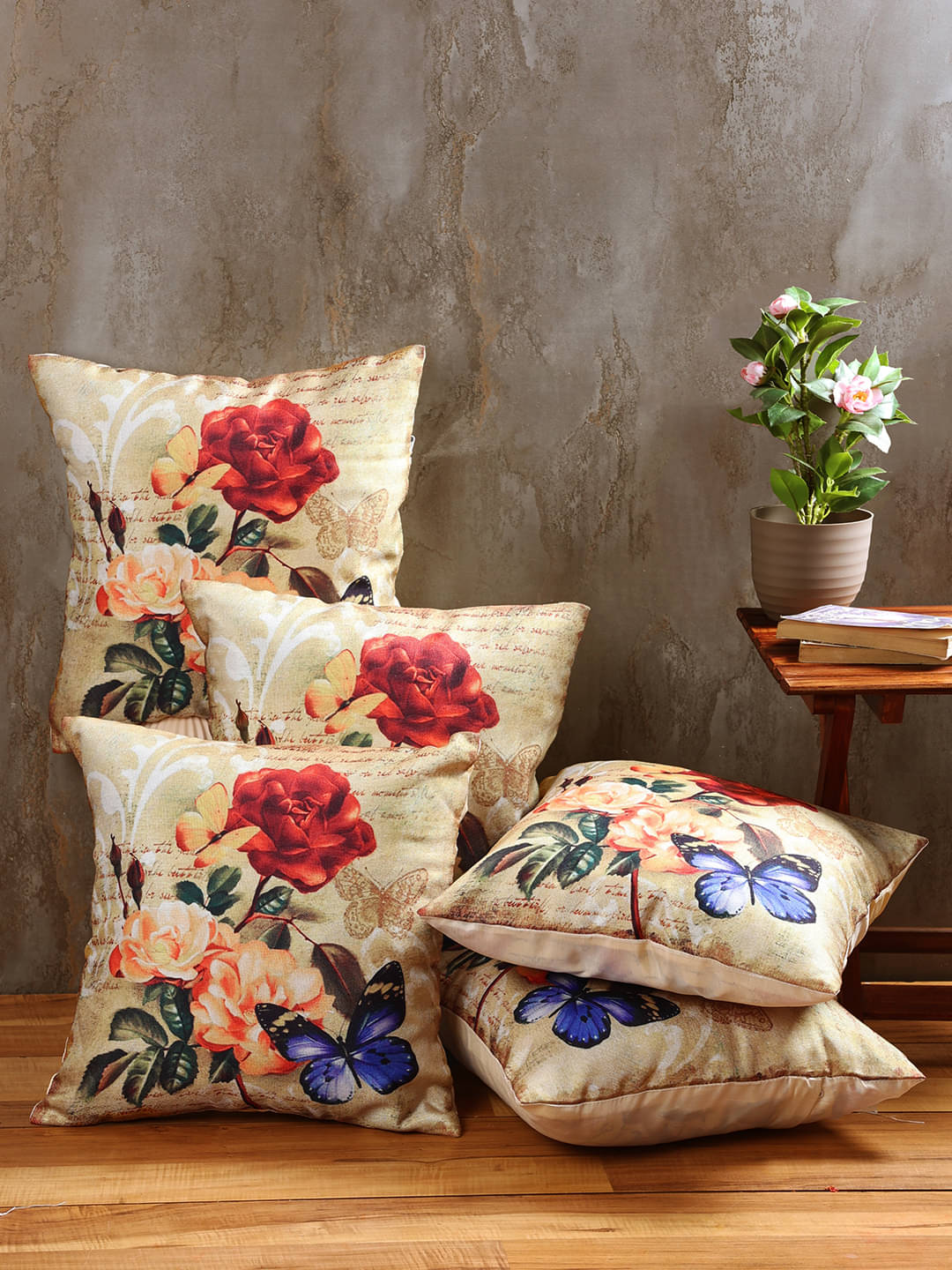     			Romee Set of 5 Jute Floral Square Cushion Cover (40X40)cm - Multi