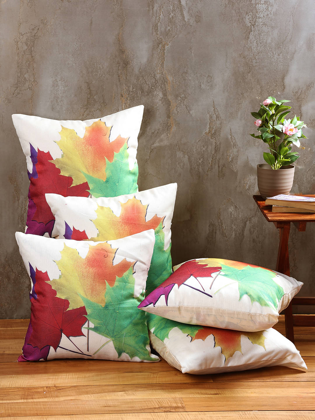     			Romee Set of 5 Jute Floral Square Cushion Cover (40X40)cm - White