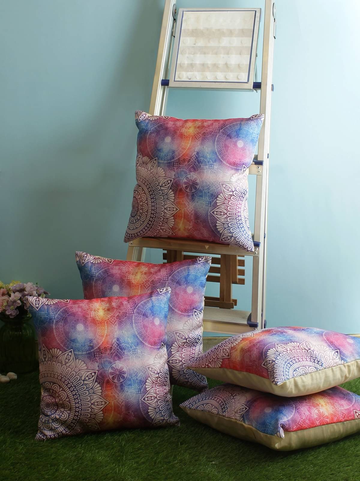    			Romee Set of 5 Jute Floral Square Cushion Cover (40X40)cm - Multi
