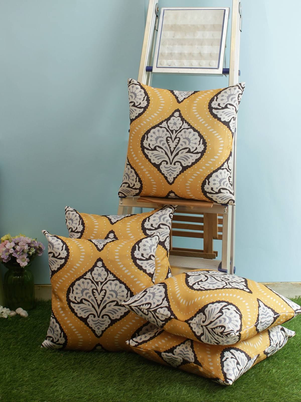     			Romee Set of 5 Polyester Ethnic Square Cushion Cover (40X40)cm - Yellow