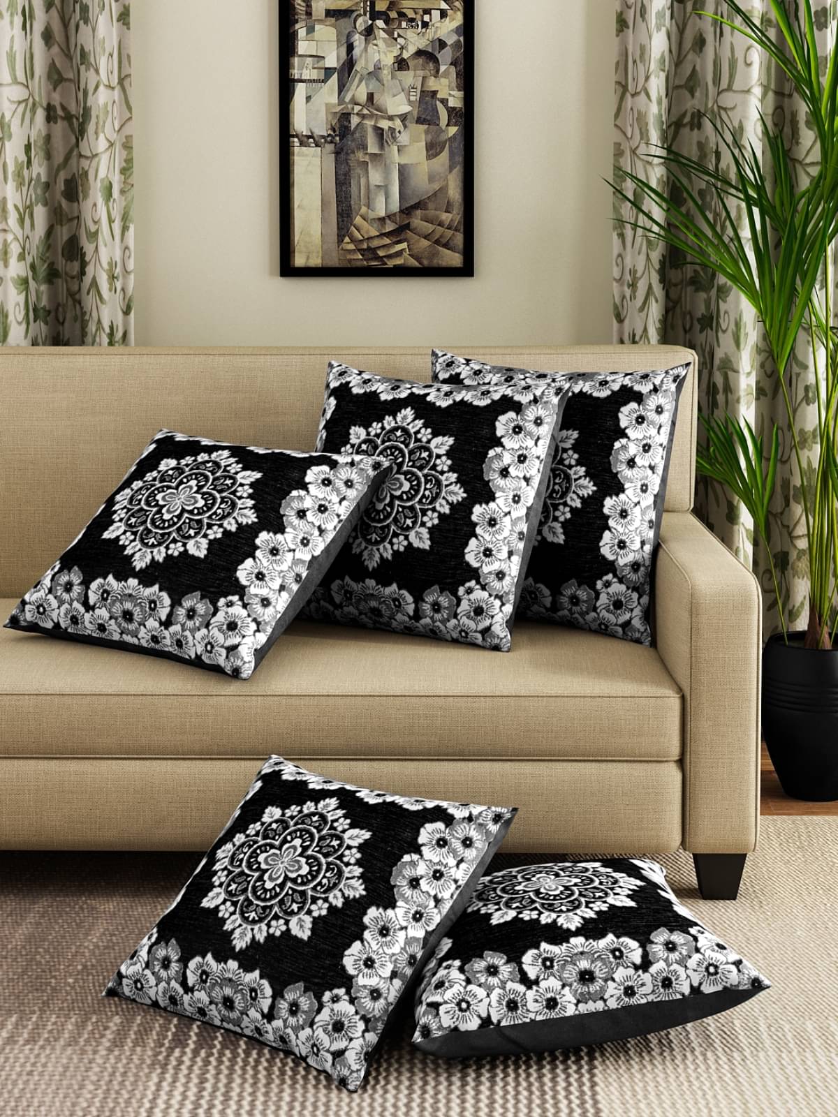     			Romee Set of 5 Polyester Floral Square Cushion Cover (40X40)cm - Black