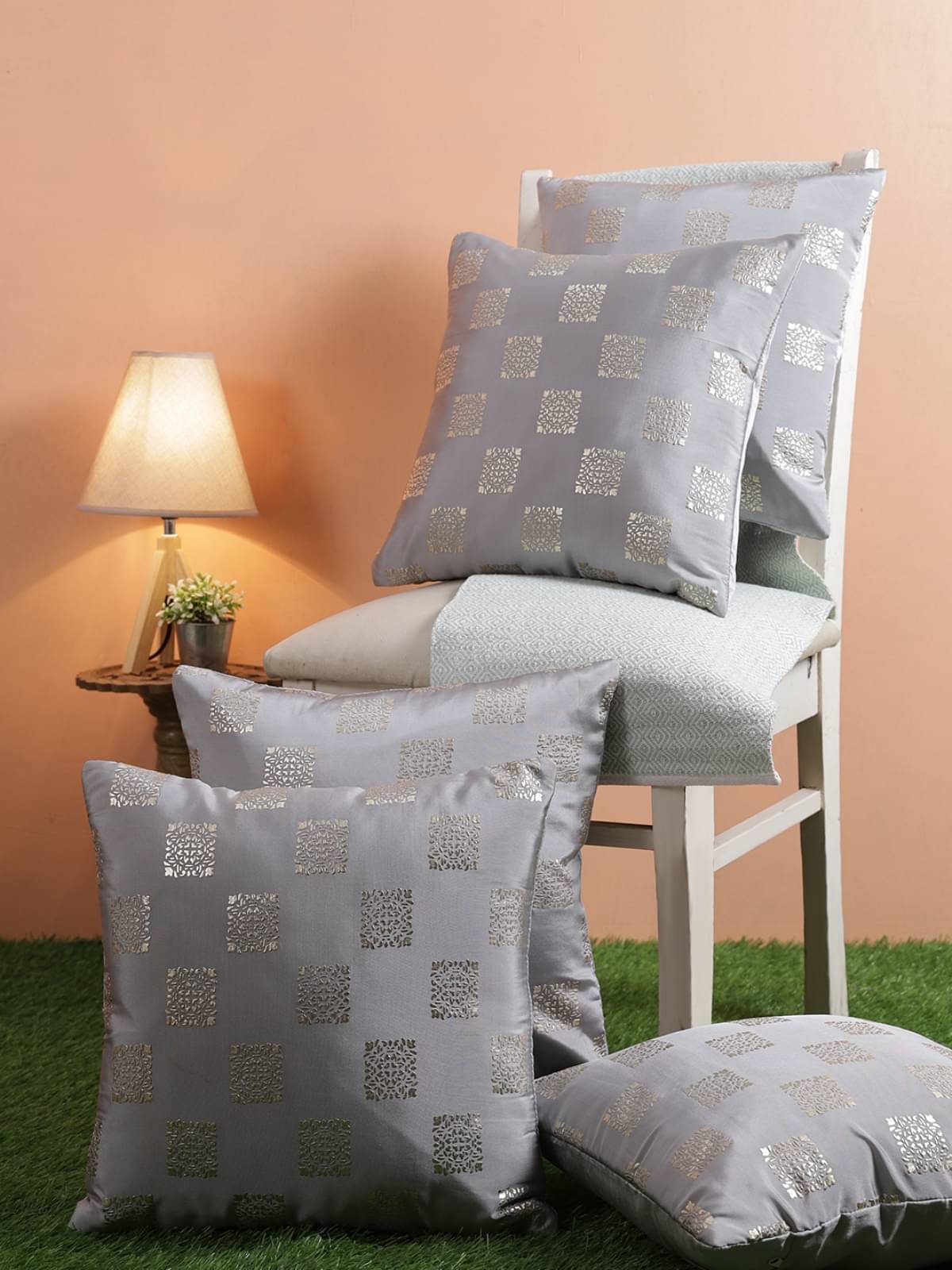    			Romee Set of 5 Polyester Ethnic Square Cushion Cover (40X40)cm - Silver