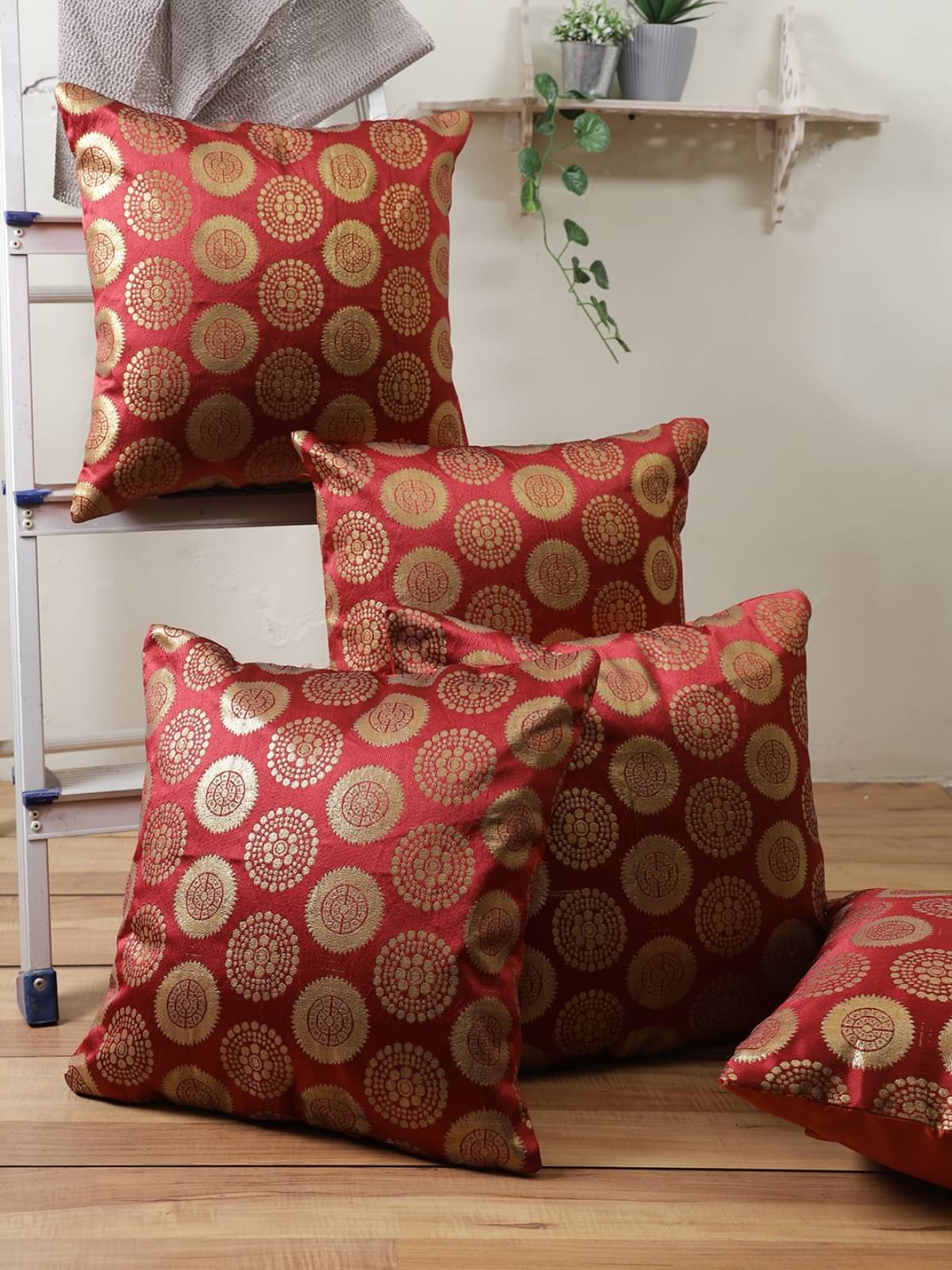 Romee Set of 5 Polyester Floral Square Cushion Cover (40X40)cm - Maroon Romee Set of 5 Polyester Floral Square Cushion Cover (40X40)cm - Maroon