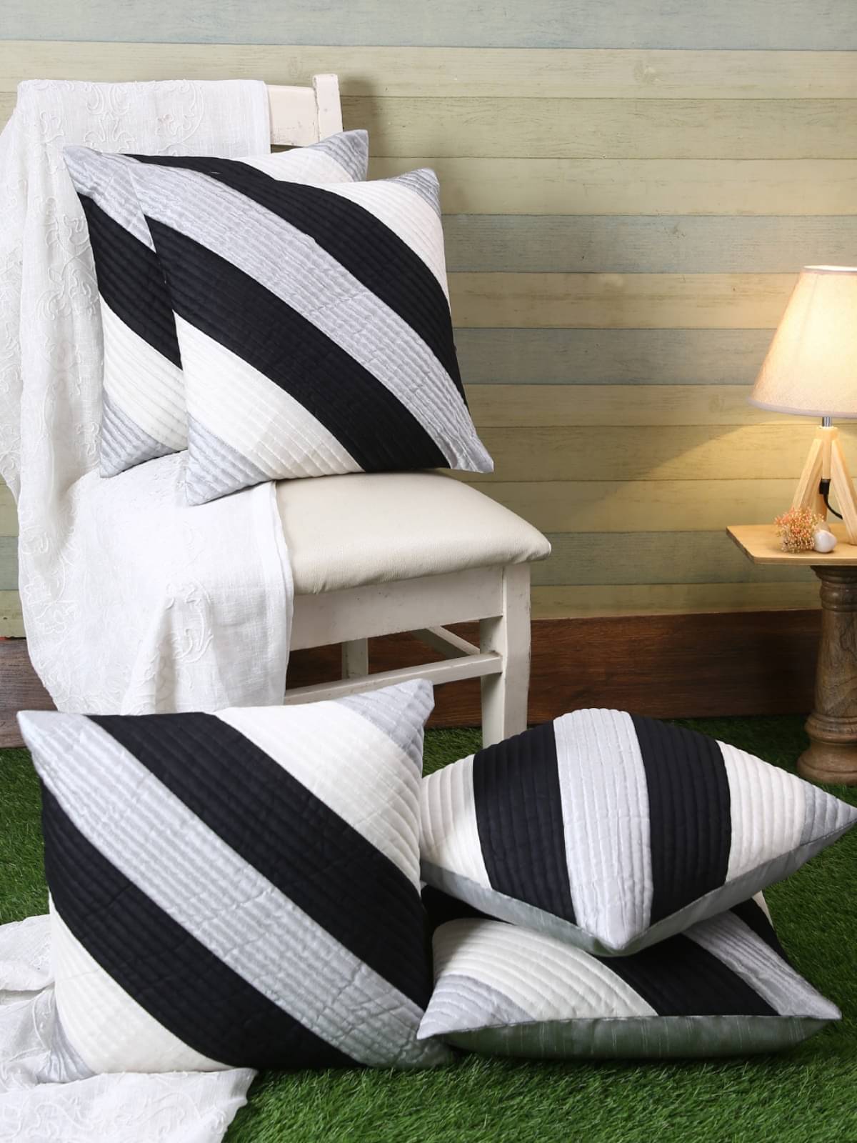     			Romee Set of 5 Polyester Vertical Striped Square Cushion Cover (40X40)cm - Off White