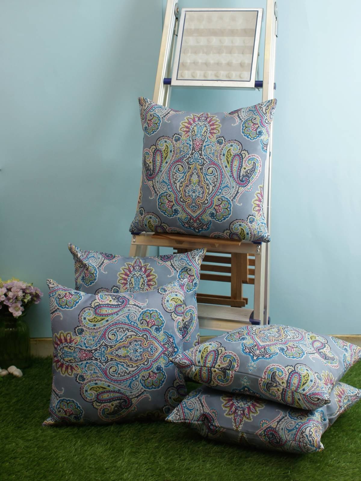     			Romee Set of 5 Polyester Ethnic Square Cushion Cover (40X40)cm - Blue