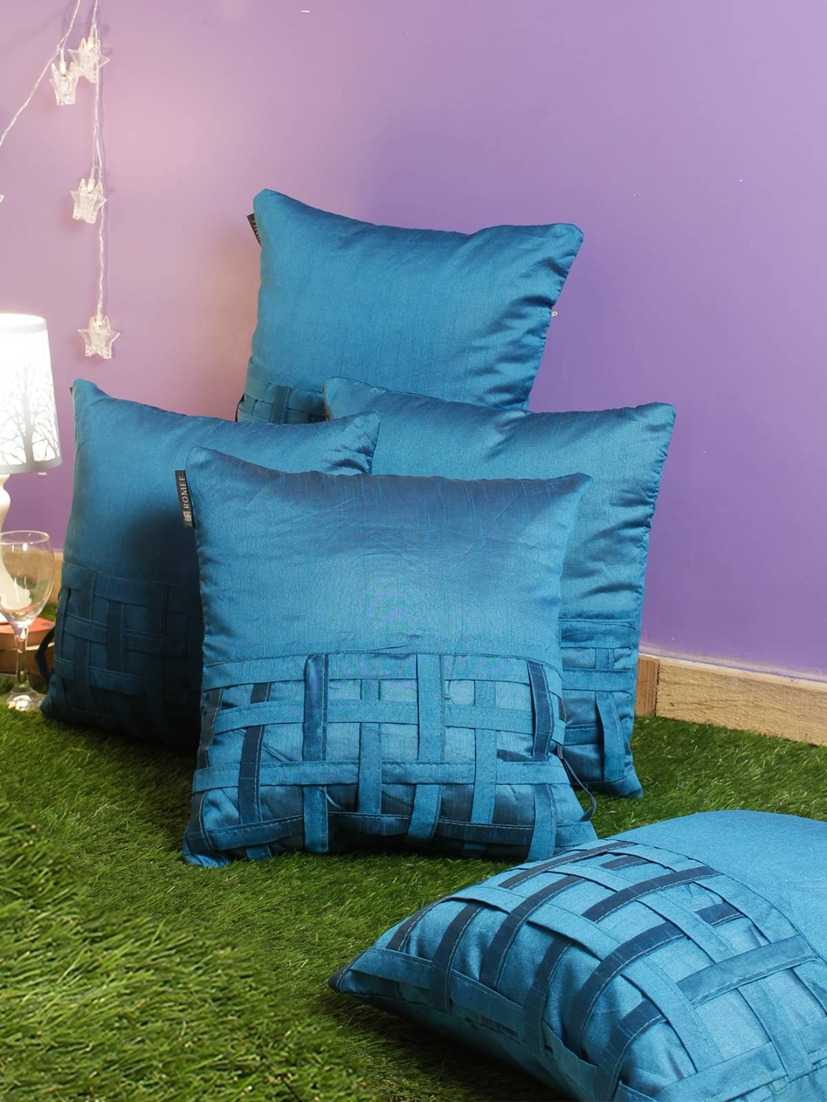     			Romee Set of 5 Polyester Solid Square Cushion Cover (40X40)cm - Blue