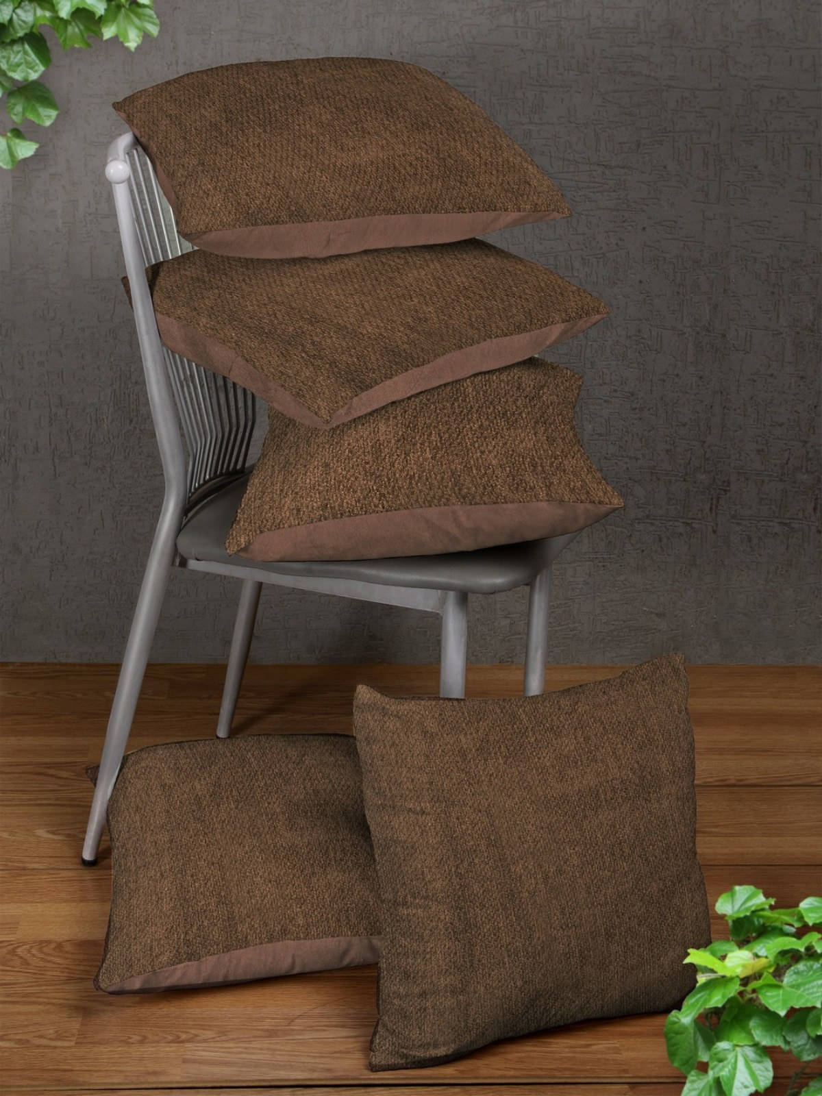     			Romee Set of 5 Polyester Textured Square Cushion Cover (40X40)cm - Brown