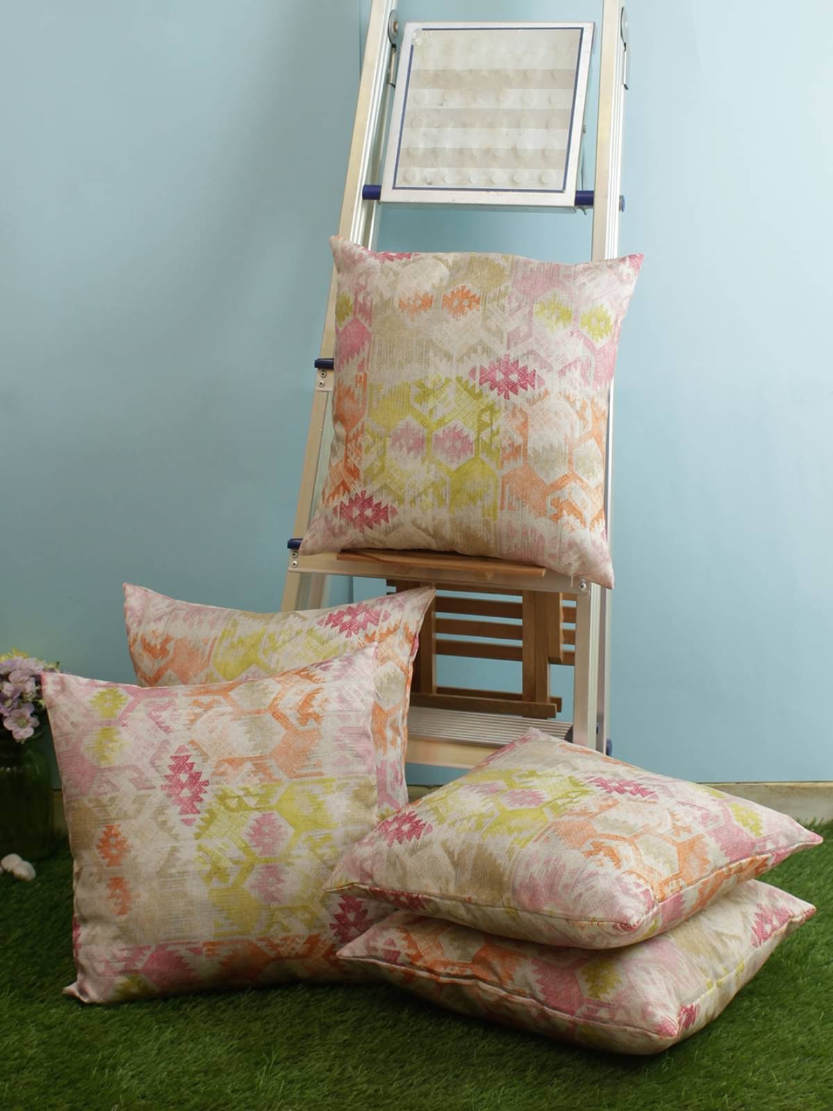     			Romee Set of 5 Polyester Geometric Square Cushion Cover (40X40)cm - Multi