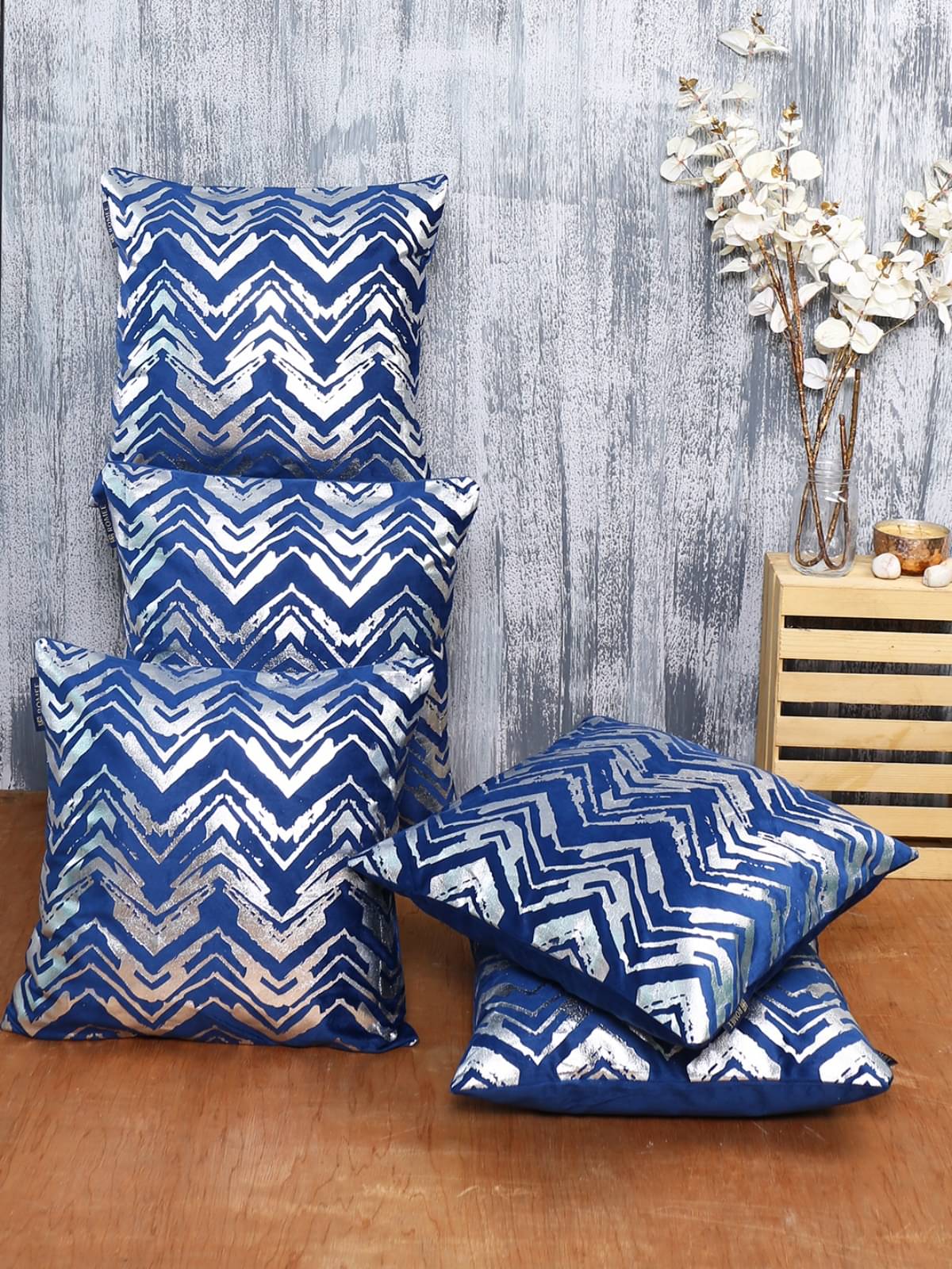     			Romee Set of 5 Velvet Abstract Square Cushion Cover (40X40)cm - Blue