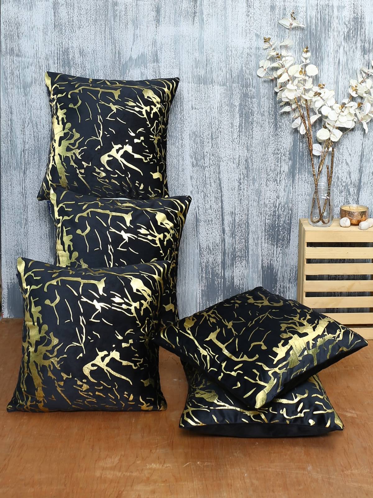     			Romee Set of 5 Velvet Abstract Square Cushion Cover (40X40)cm - Black