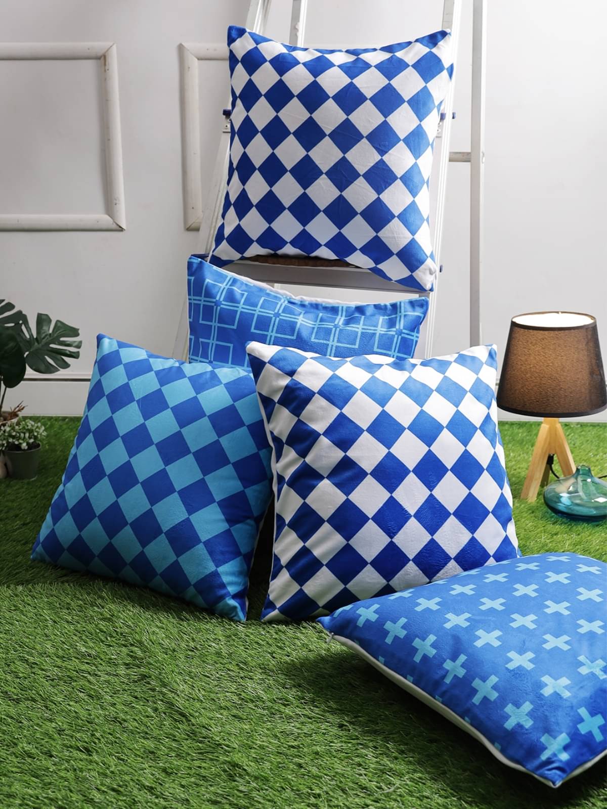     			Romee Set of 5 Velvet Small Checks Square Cushion Cover (40X40)cm - Blue