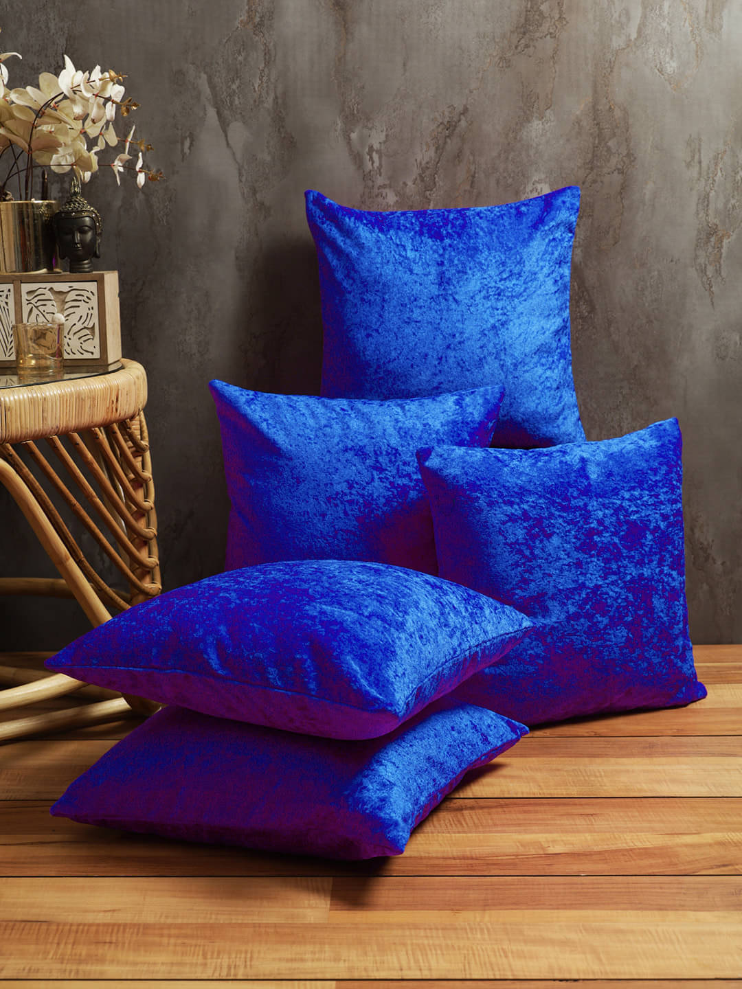     			Romee Set of 5 Velvet Solid Square Cushion Cover (40X40)cm - Blue