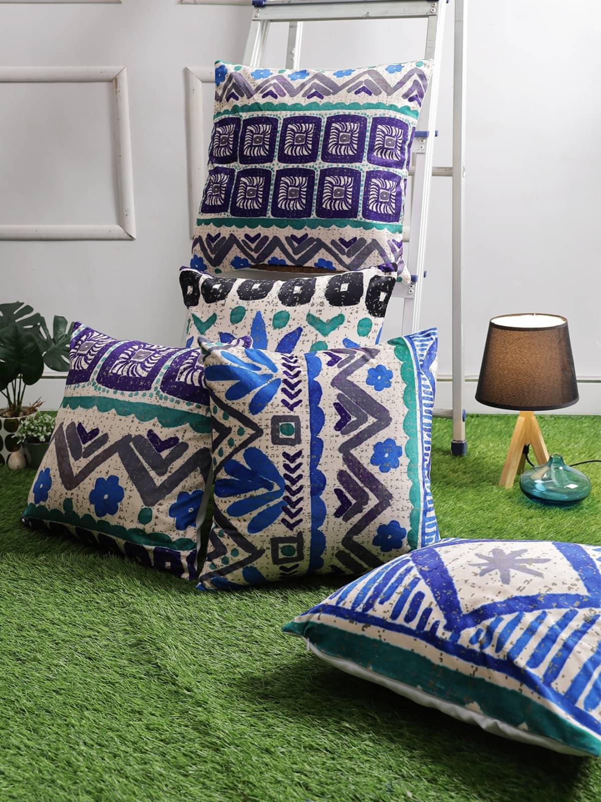     			Romee Set of 5 Velvet Ethnic Square Cushion Cover (40X40)cm - Blue
