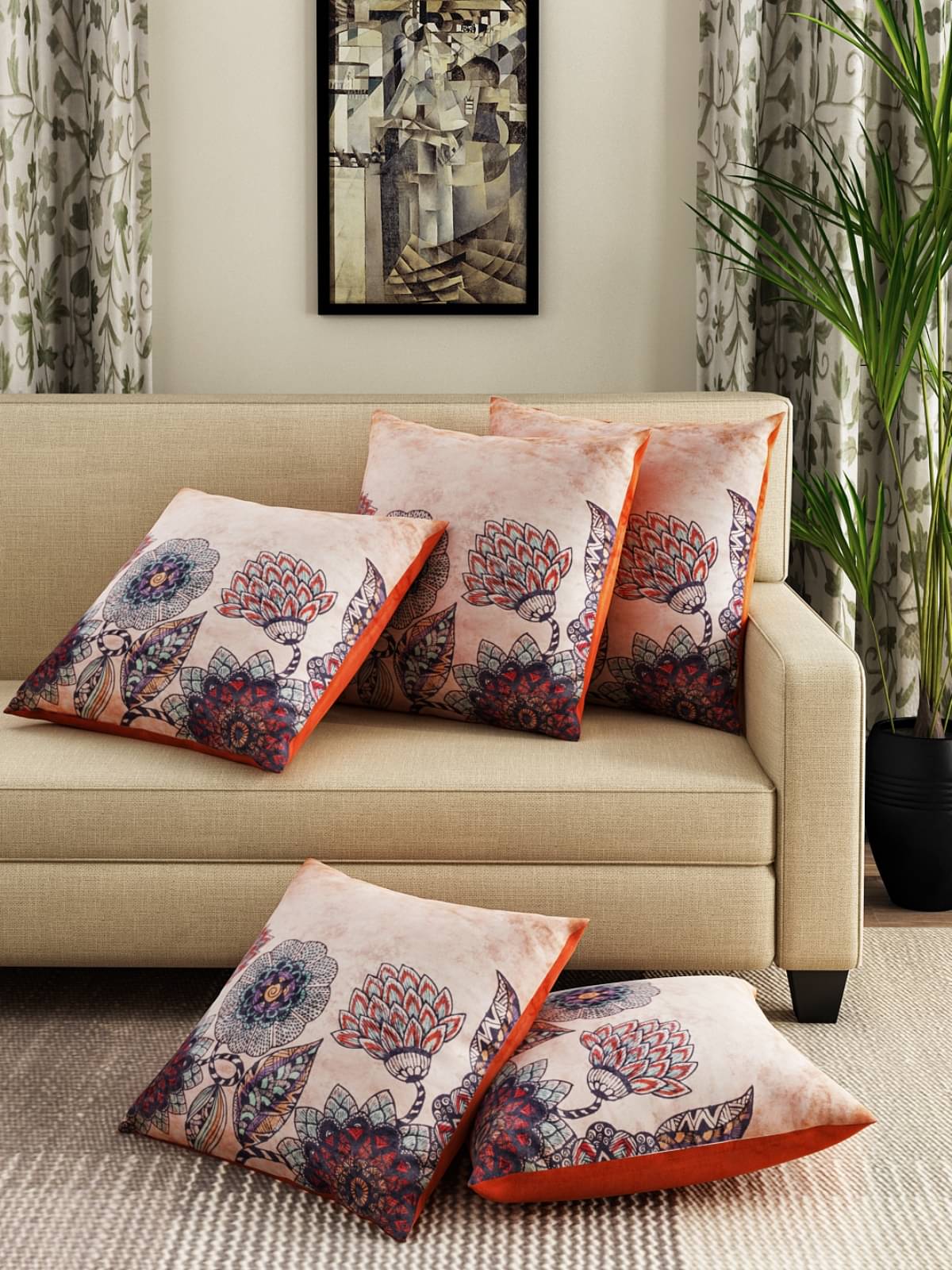     			Romee Set of 5 Velvet Floral Square Cushion Cover (40X40)cm - Beige