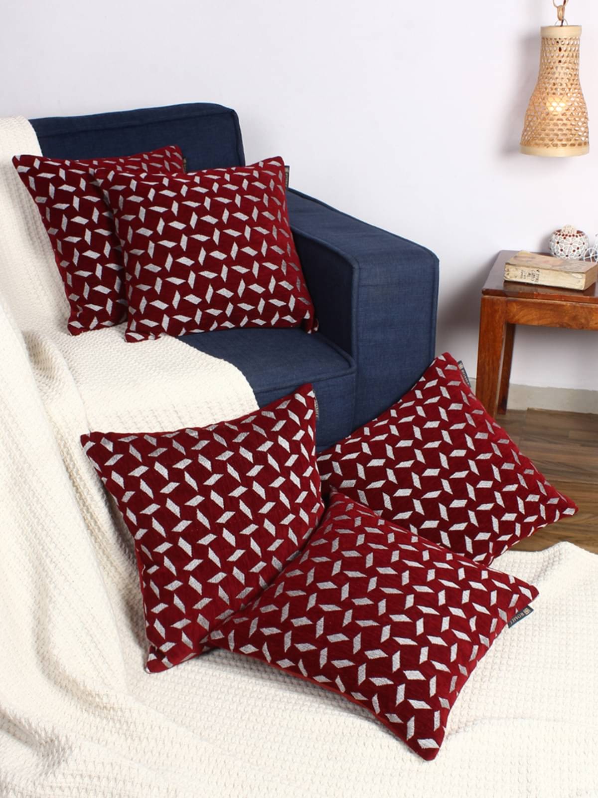     			Romee Set of 5 Velvet Geometric Square Cushion Cover (40X40)cm - Maroon