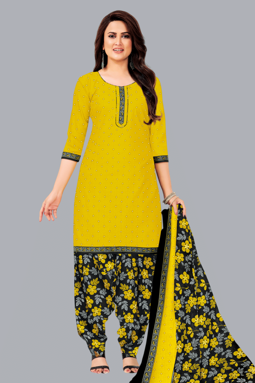     			SIMMU Women Cotton Printed Straight Kurti With Patiala Salwar ( Yellow )
