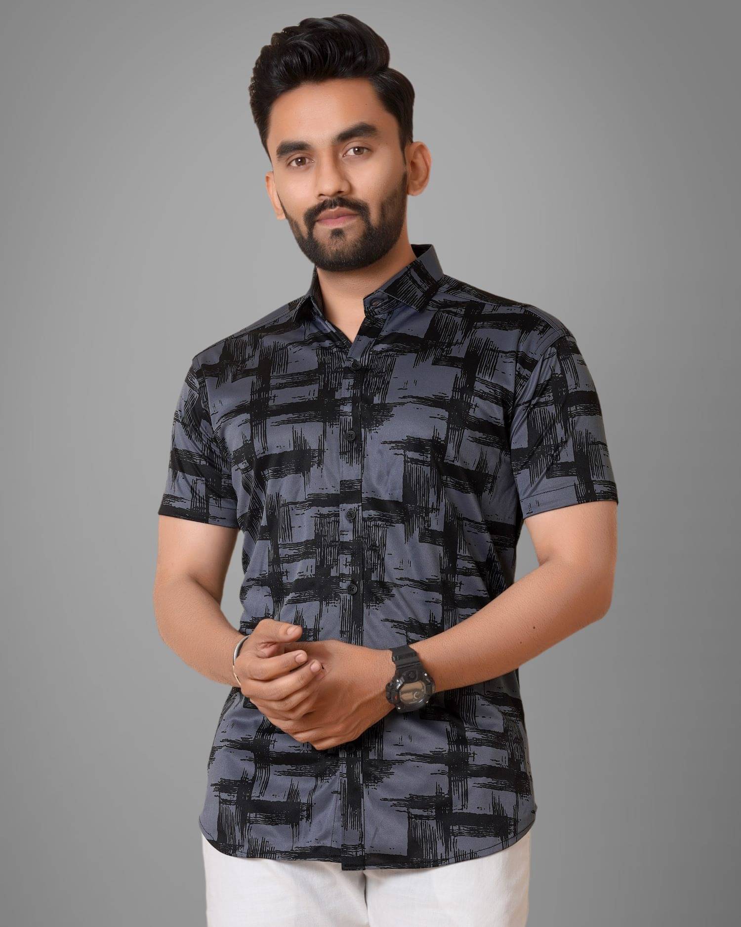 SUR-T Elastane Regular Fit Printed Half Sleeves Men's Casual Shirt - Grey ( Pack of 1 ) SUR-T Elastane Regular Fit Printed Half Sleeves Men's Casual Shirt - Grey ( Pack of 1 )