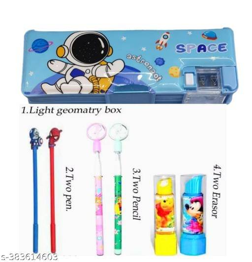     			Space Theme Geometry Box Inbuild LED Light with 2 Pen, 2 Pencil and 2 Eraser - Combo of 7 Items