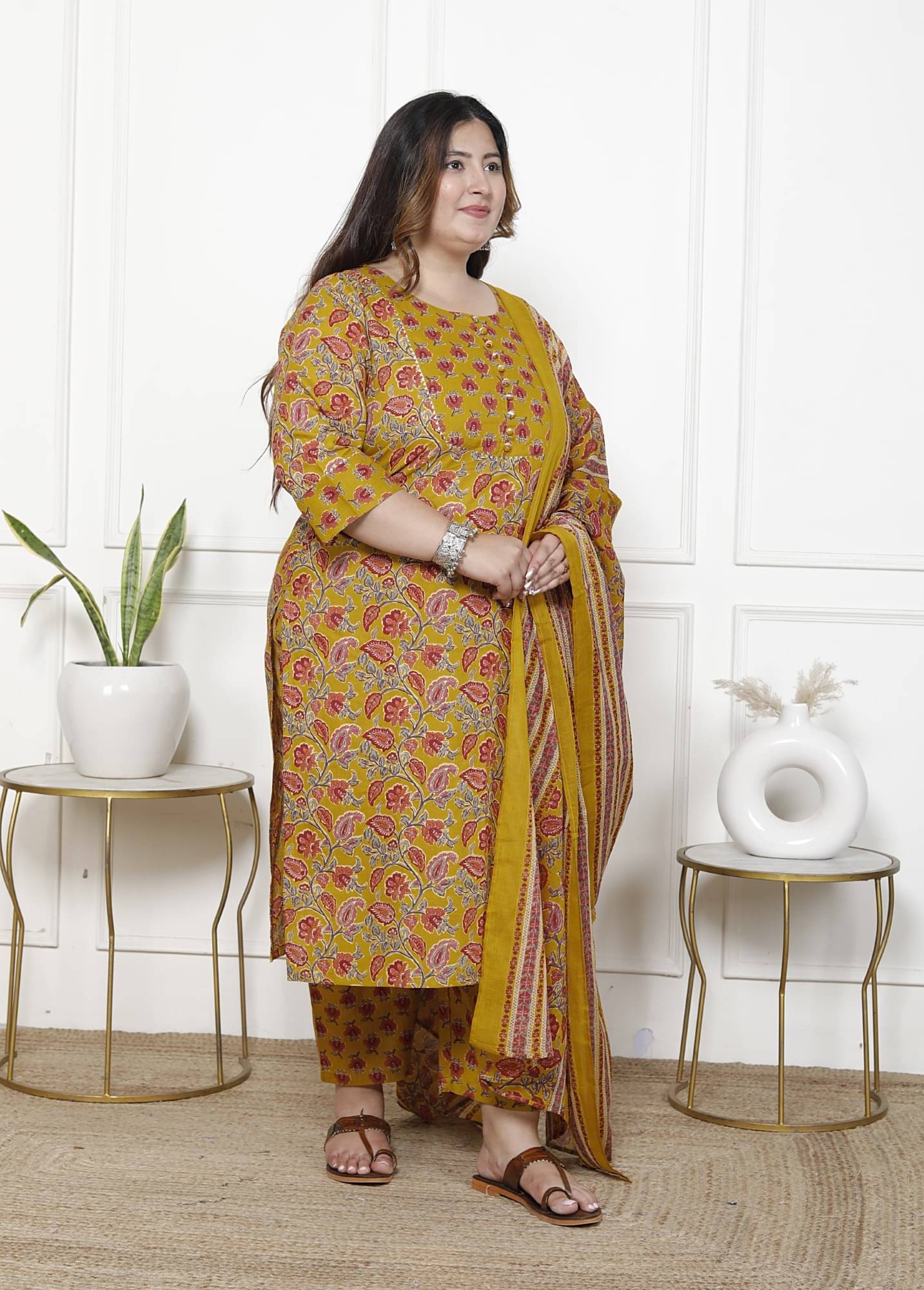     			Swasti Cotton Printed Kurti With Palazzo Women's Stitched Salwar Suit - Mustard ( Pack of 1 )