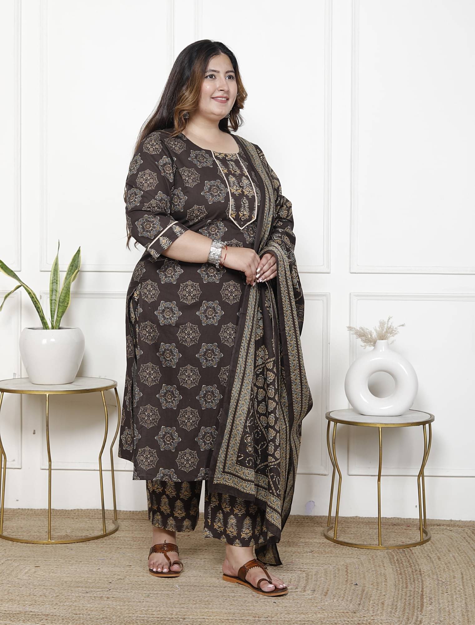 Swasti Cotton Printed Kurti With Palazzo Women's Stitched Salwar Suit - Brown ( Pack of 1 ) Swasti Cotton Printed Kurti With Palazzo Women's Stitched Salwar Suit - Brown ( Pack of 1 )