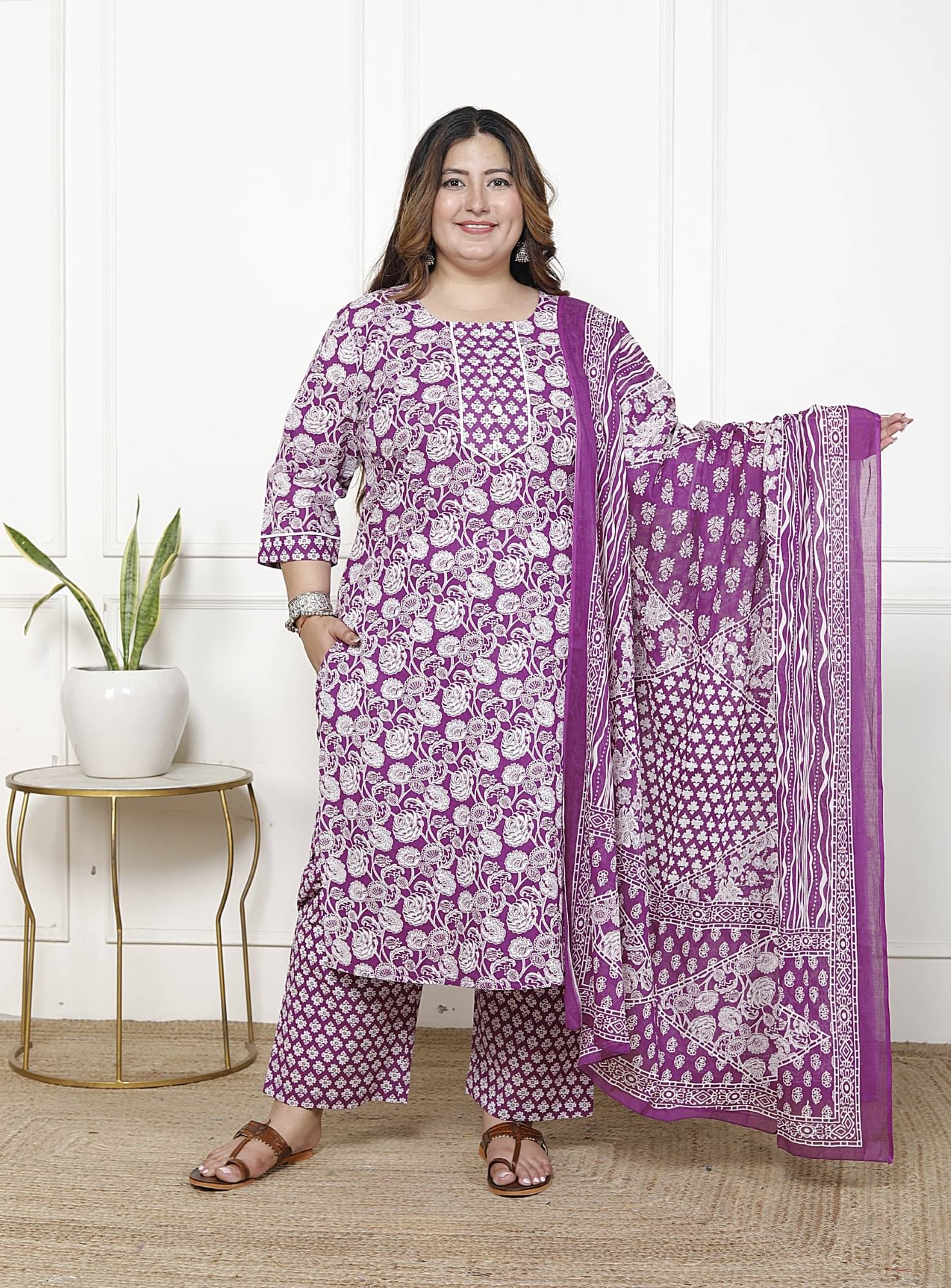 Swasti Cotton Printed Kurti With Palazzo Women's Stitched Salwar Suit - Purple ( Pack of 1 ) Swasti Cotton Printed Kurti With Palazzo Women's Stitched Salwar Suit - Purple ( Pack of 1 )