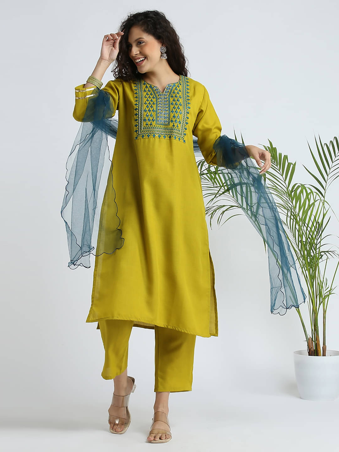 gufrina Cotton Blend Embroidered Kurti With Pants Women's Stitched Salwar Suit - Lemon Yellow ( Pack of 1 ) gufrina Cotton Blend Embroidered Kurti With Pants Women's Stitched Salwar Suit - Lemon Yellow ( Pack of 1 )