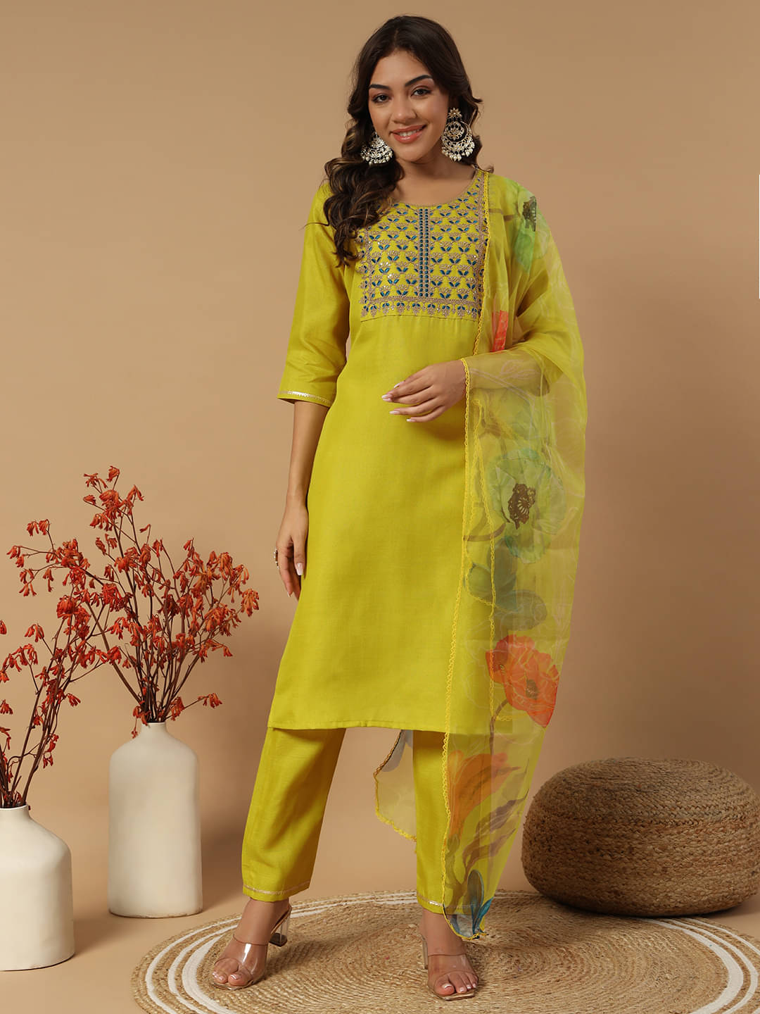     			gufrina Cotton Blend Embroidered Kurti With Pants Women's Stitched Salwar Suit - Lemon Yellow ( Pack of 1 )