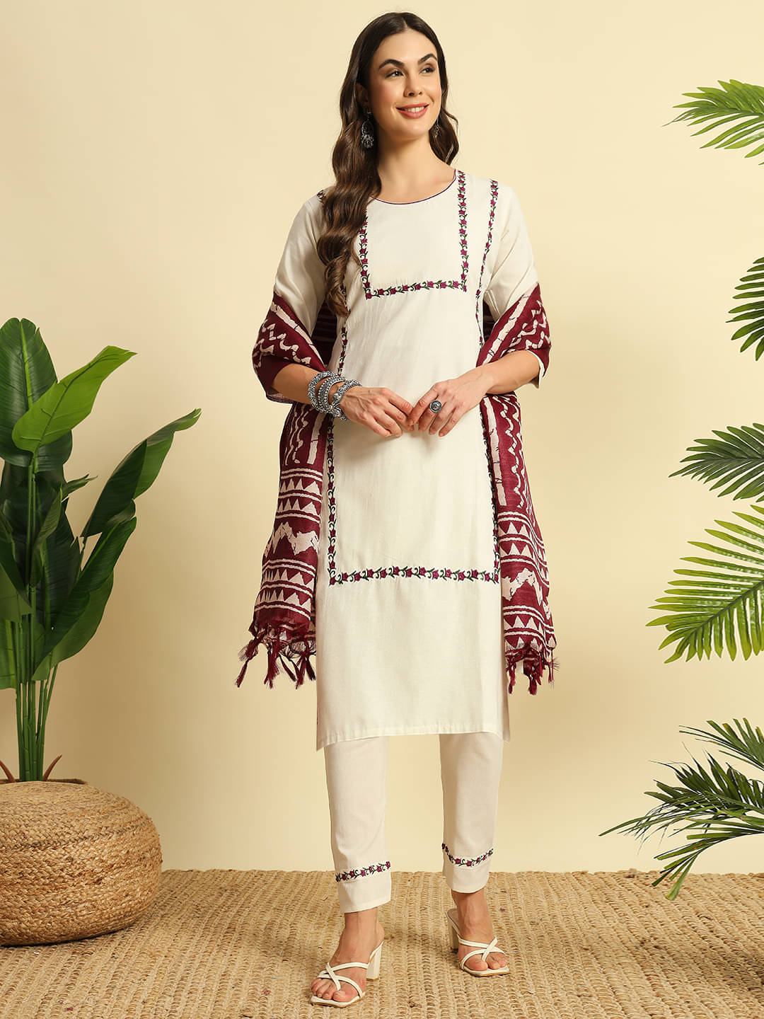     			gufrina Cotton Embroidered Kurti With Pants Women's Stitched Salwar Suit - White ( Pack of 1 )