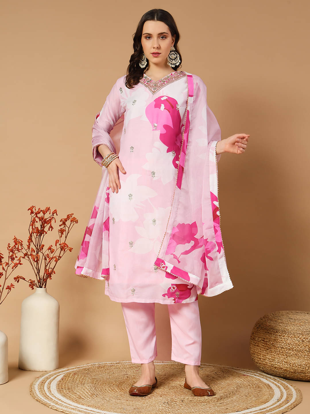     			gufrina Crepe Embroidered Kurti With Pants Women's Stitched Salwar Suit - Pink ( Pack of 1 )