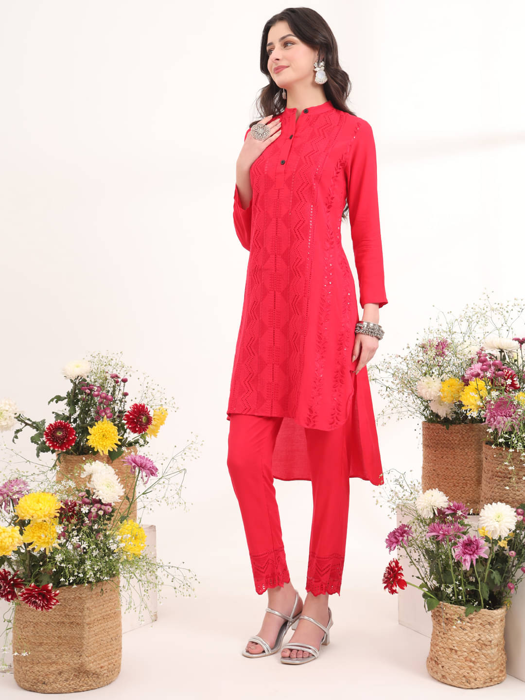     			gufrina Rayon Applique Kurti With Pants Women's Stitched Salwar Suit - Pink ( Pack of 1 )