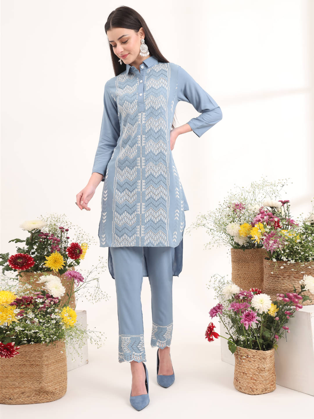 gufrina Rayon Applique Kurti With Pants Women's Stitched Salwar Suit - Aqua Blue ( Pack of 1 )     			gufrina Rayon Applique Kurti With Pants Women's Stitched Salwar Suit - Aqua Blue ( Pack of 1 )