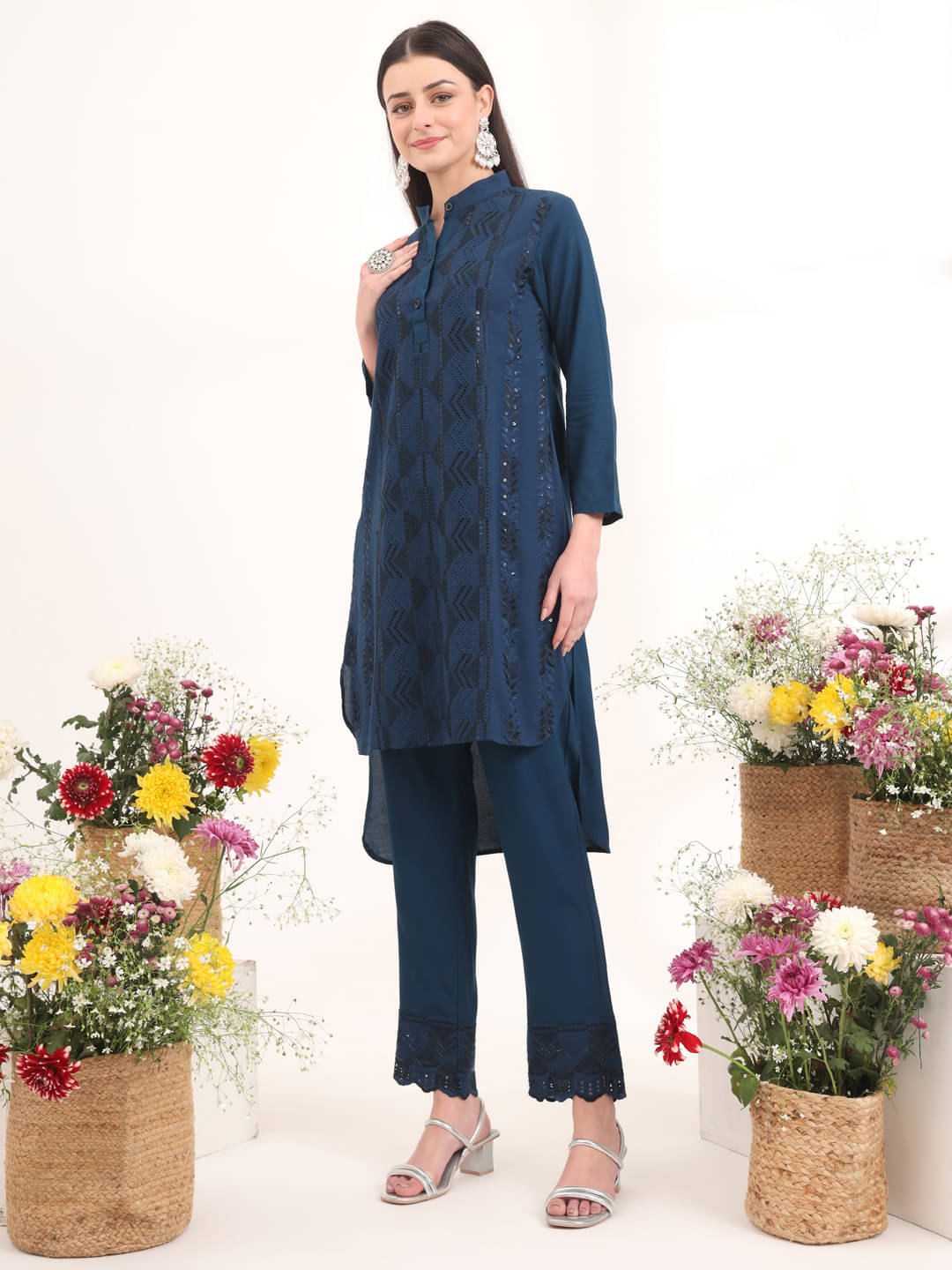 gufrina Rayon Applique Kurti With Pants Women's Stitched Salwar Suit - Teal ( Pack of 1 )     			gufrina Rayon Applique Kurti With Pants Women's Stitched Salwar Suit - Teal ( Pack of 1 )