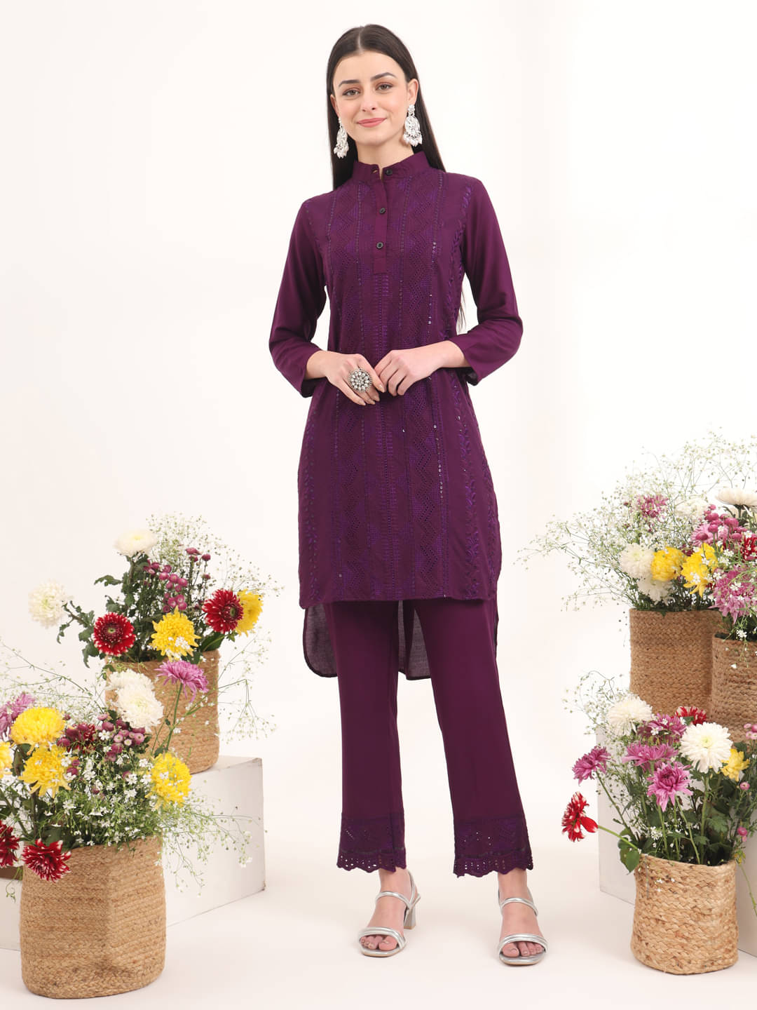     			gufrina Rayon Applique Kurti With Pants Women's Stitched Salwar Suit - Wine ( Pack of 1 )