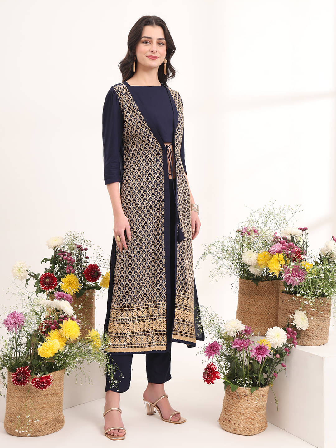     			gufrina Women Rayon Embroidered Jacket Style Kurti With Pants ( Blue )